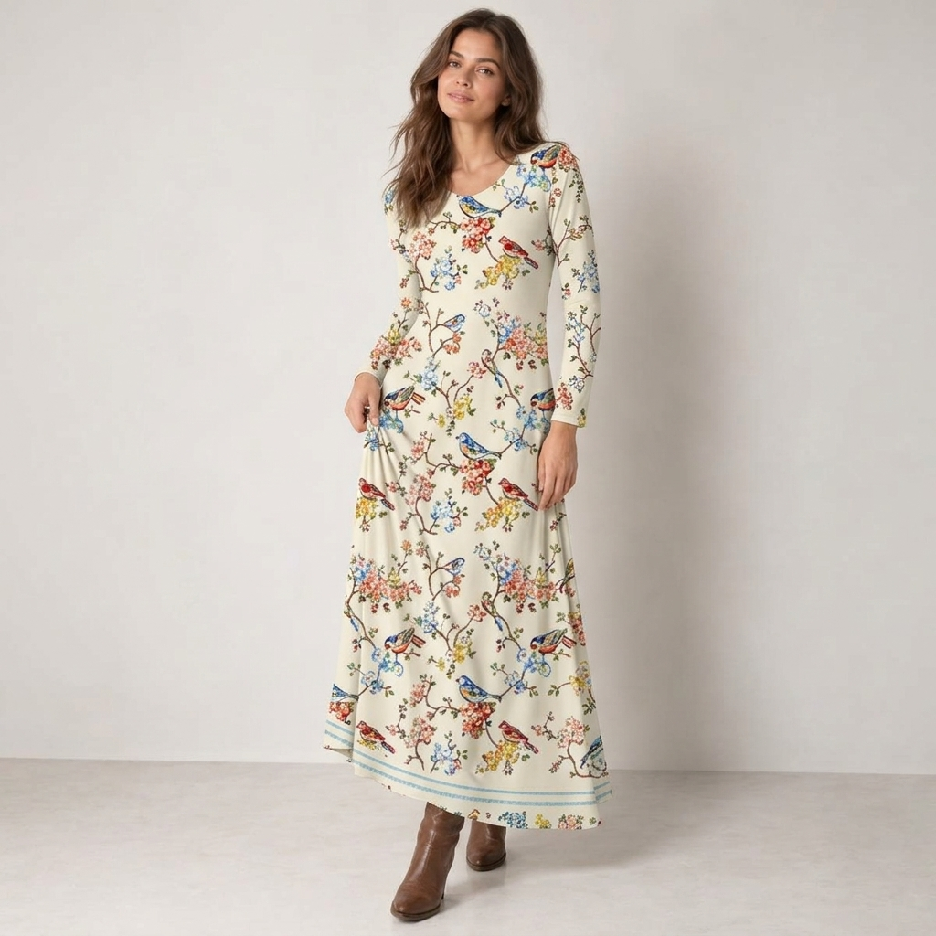 Vintage Floral Songbirds Print Soft-Touch Stretch Knit Long Sleeve Maxi Dress with Pockets