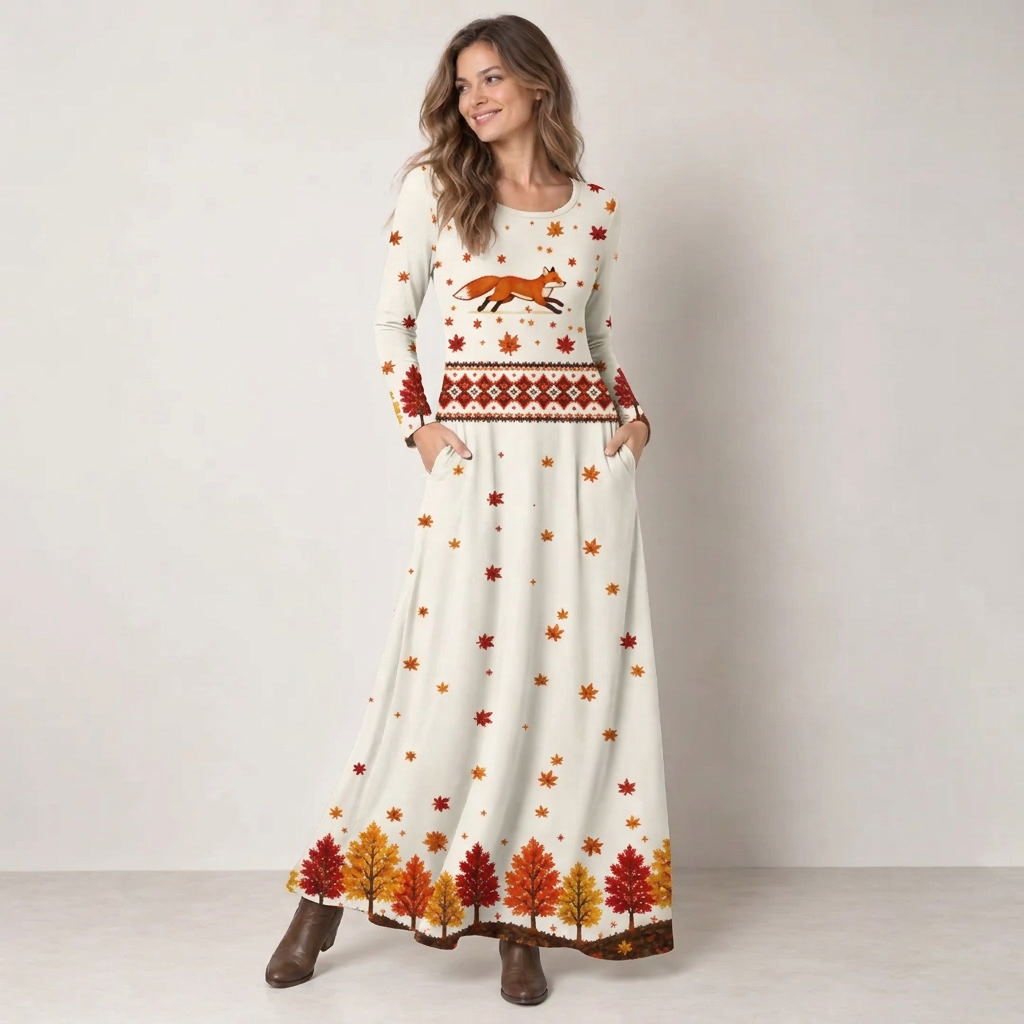 Autumn Forest Fox Print Soft-Touch Stretch Knit Long Sleeve Maxi Dress with Pockets