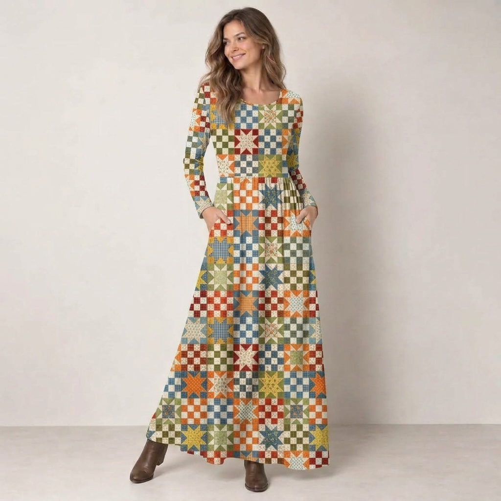 Vintage Star Quilt Patchwork Print Soft-Touch Stretch Knit Long Sleeve Maxi Dress with Pockets