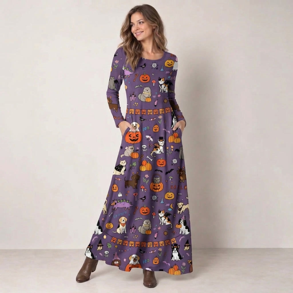 Halloween Spooky Pet Parade Print Soft-Touch Stretch Knit Long Sleeve Maxi Dress with Pockets