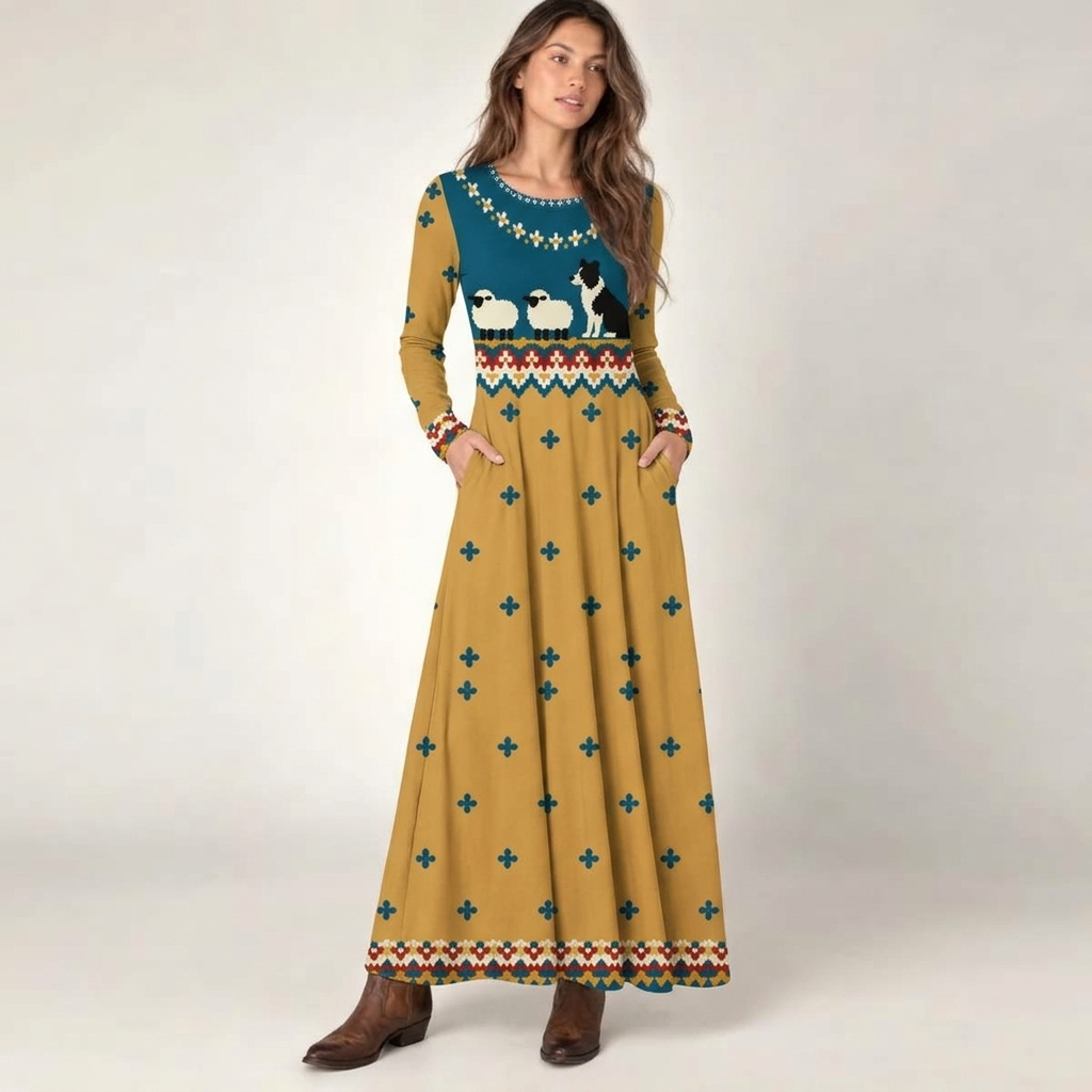 Pastoral Sheep & Sheepdog Print Soft-Touch Stretch Knit Long Sleeve Maxi Dress with Pockets