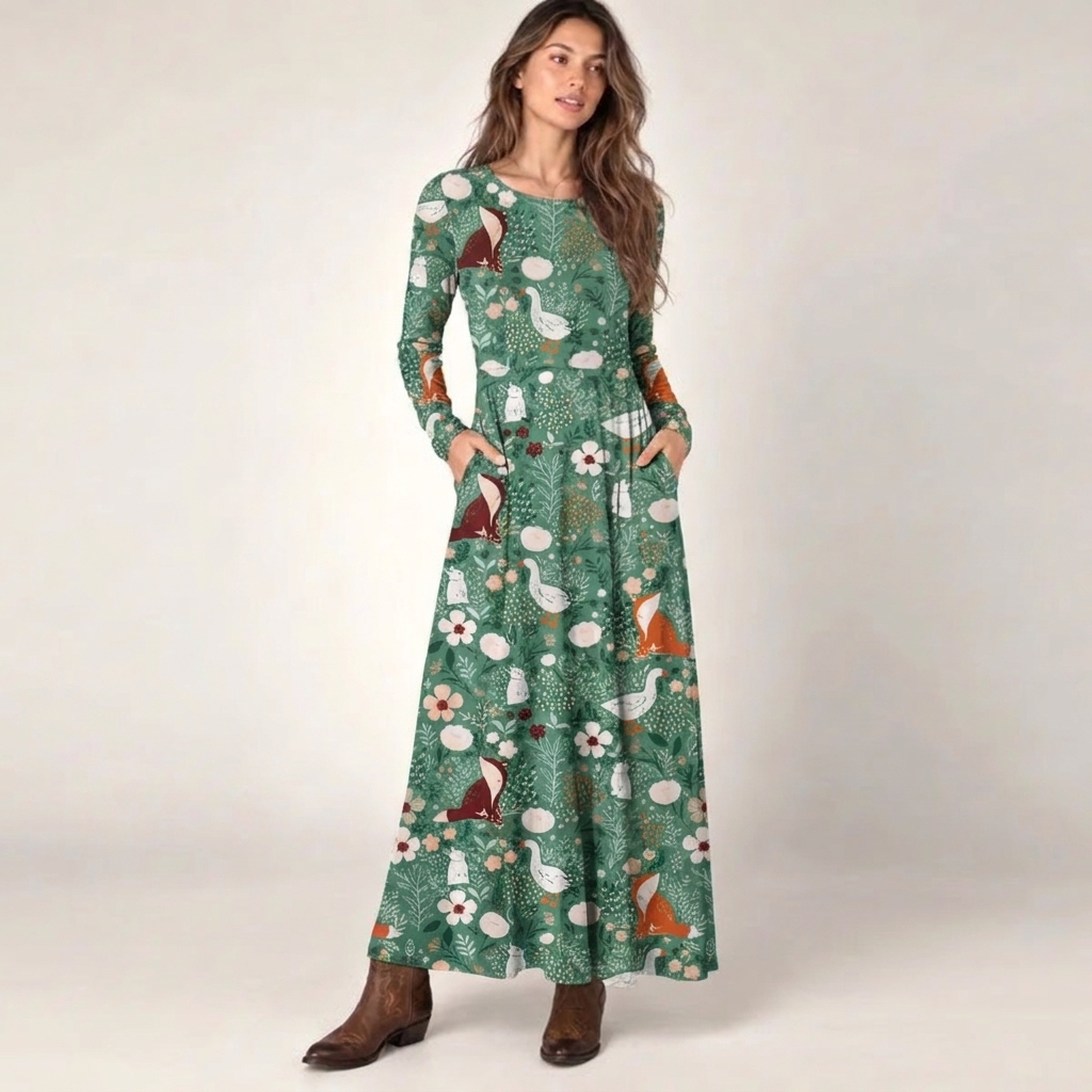 Woodland Fox, Goose & Mouse Floral Print Soft-Touch Stretch Knit Long Sleeve Maxi Dress with Pockets