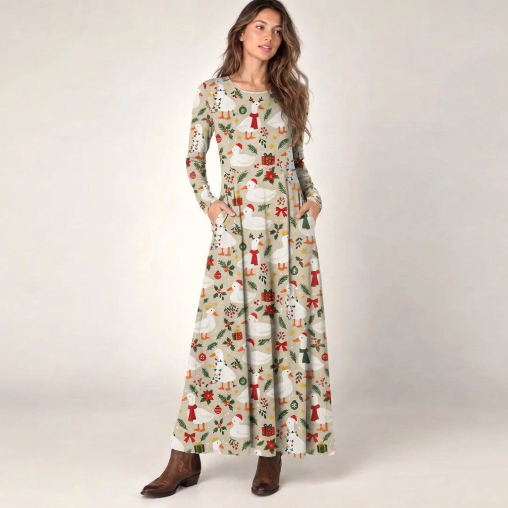Merry Christmas Geese Print Soft-Touch Stretch Knit Long Sleeve Maxi Dress with Pockets