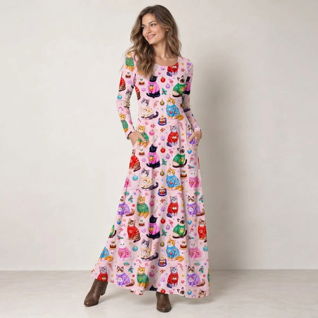 Christmas Sweater Cats Holiday Print Soft-Touch Stretch Knit Long Sleeve Maxi Dress with Pockets