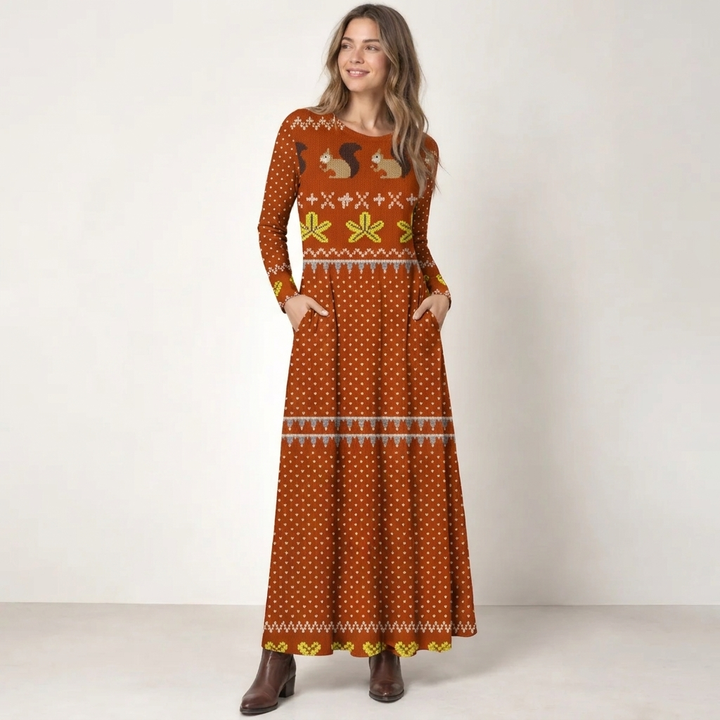 Autumn Woodland Squirrel Print Soft-Touch Stretch Knit Long Sleeve Maxi Dress with Pockets
