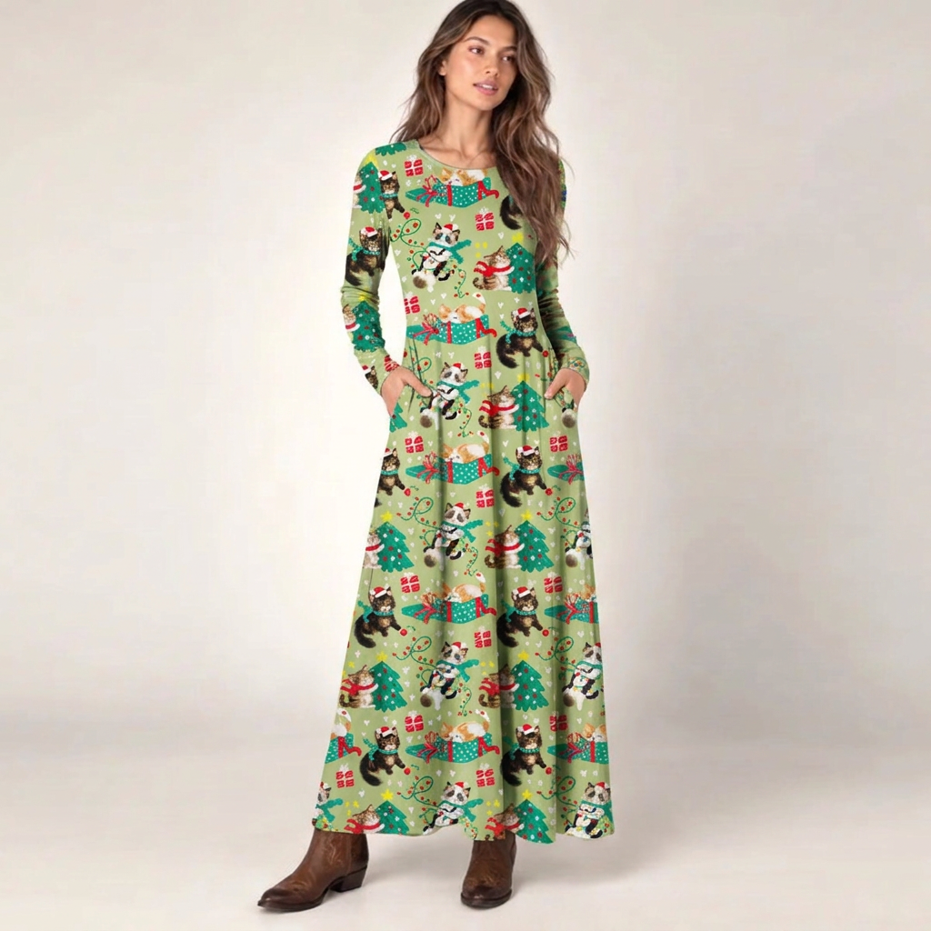 Playful Christmas Cats Print Soft-Touch Stretch Knit Long Sleeve Maxi Dress with Pockets