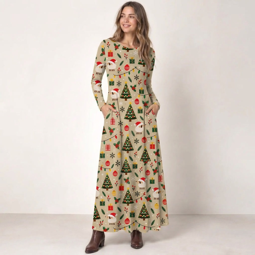Fluffy Winter Sheep Magic Print Soft-Touch Stretch Knit Long Sleeve Maxi Dress with Pockets