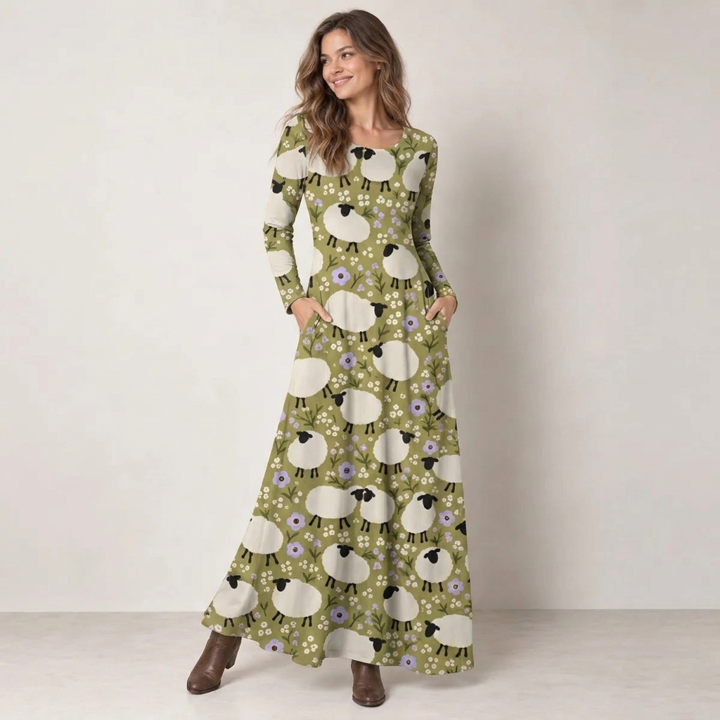 Cottagecore Sheep Floral Print Soft-Touch Stretch Knit Long Sleeve Maxi Dress with Pockets