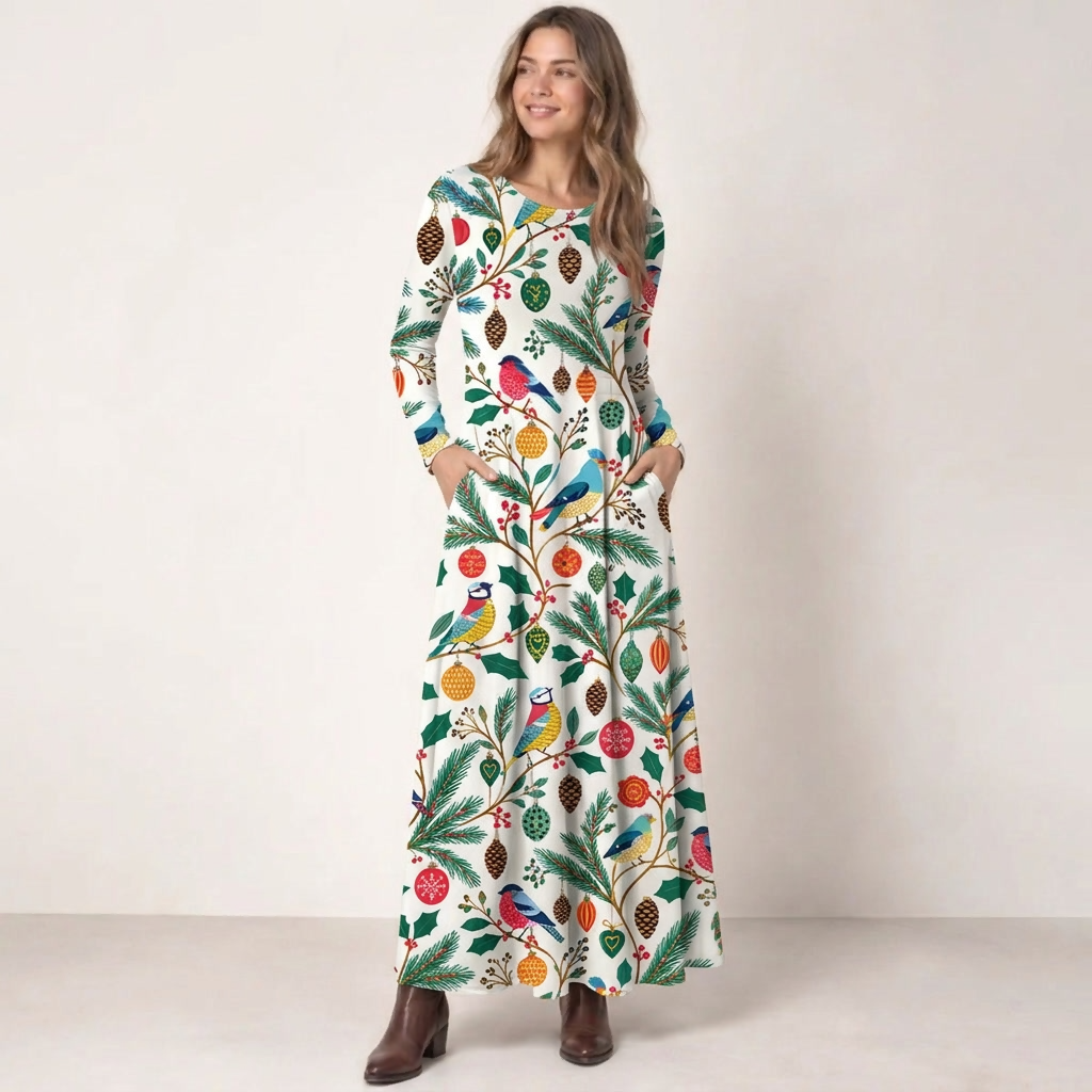 Christmas Birds & Ornaments Print Soft-Touch Stretch Knit Long Sleeve Maxi Dress with Pockets