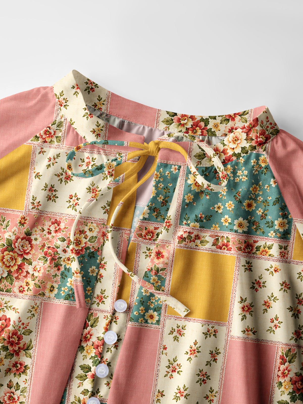Vintage Pink and Teal Floral Patchwork Print Boho Long Sleeve Tie‑Neck Blouse