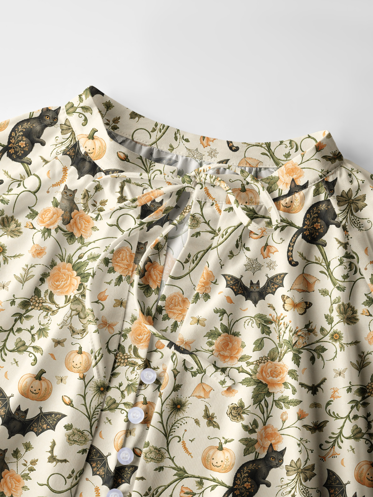 Pastoral Pumpkin Cat Print Boho Long Sleeve Tie‑Neck Blouse