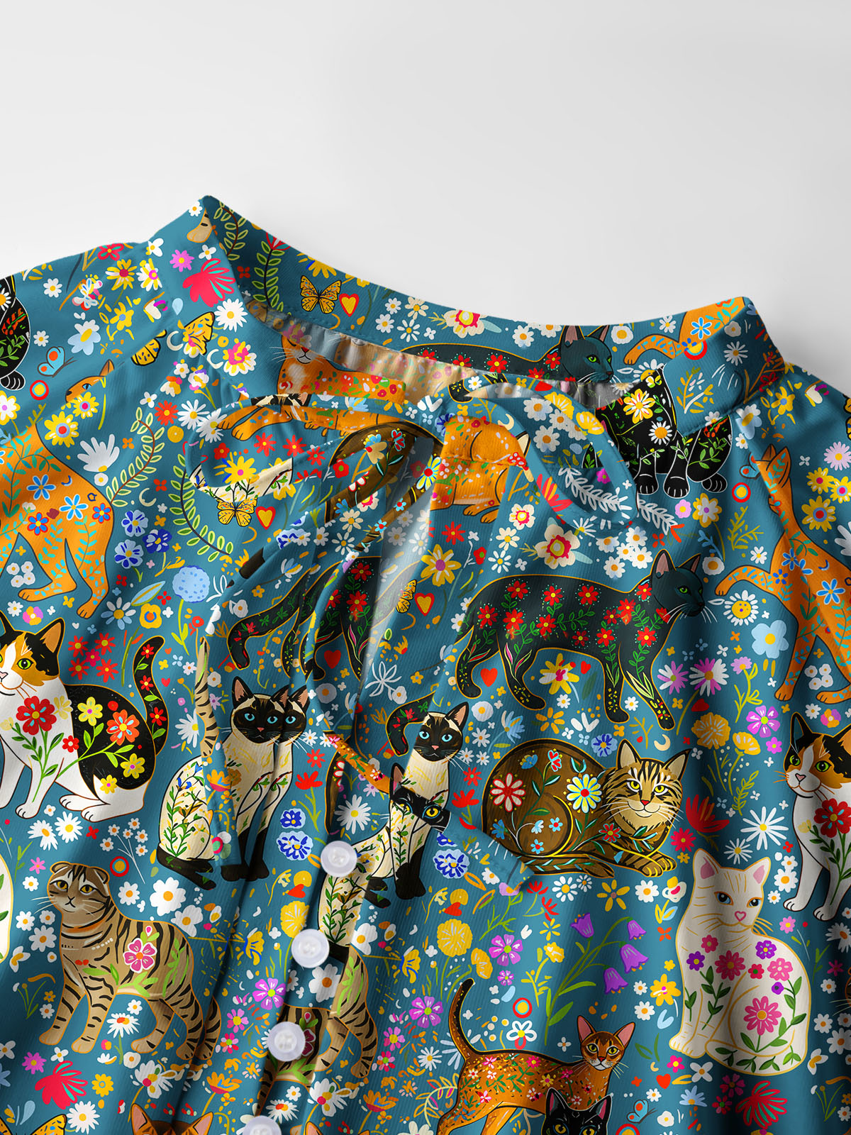 Colorful Garden Cat Pattern Print Boho Long Sleeve Tie‑Neck Smock Shirt
