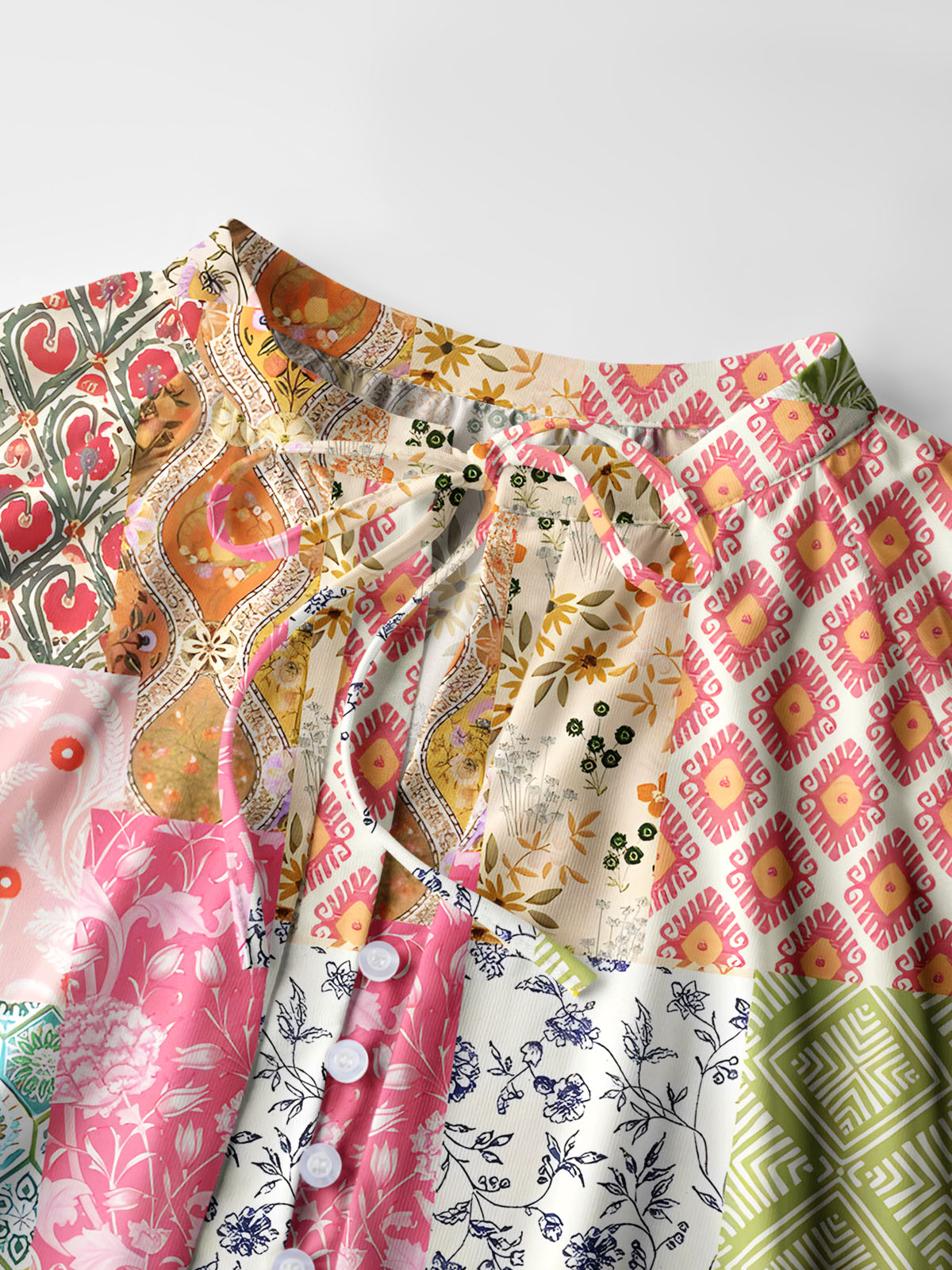Colorful Bohemian Patchwork Print Boho Long Sleeve Tie‑Neck Blouse