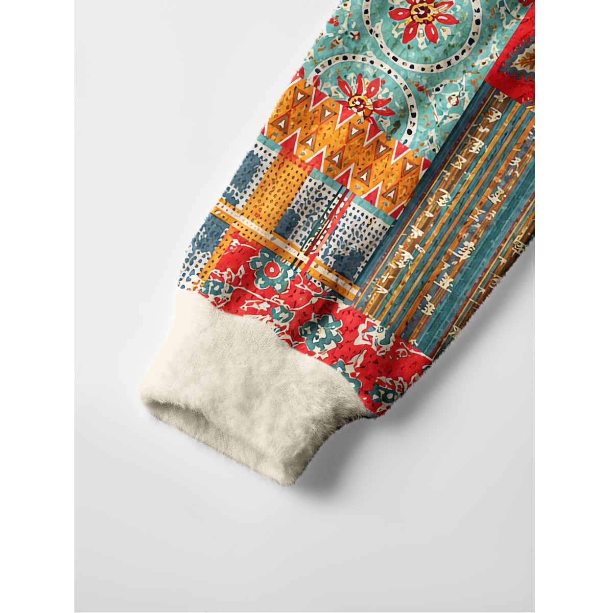 Boho Patchwork Floral & Geometric Fuzzy Crewneck Sweater
