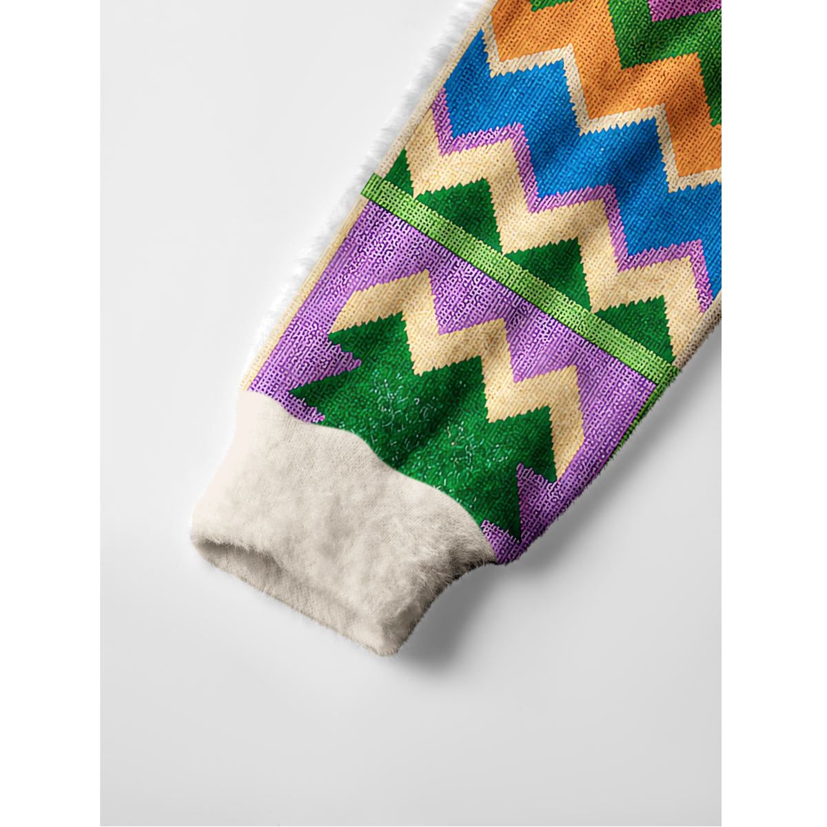 Colorful Geometric Patchwork Print Fuzzy Crewneck Sweater