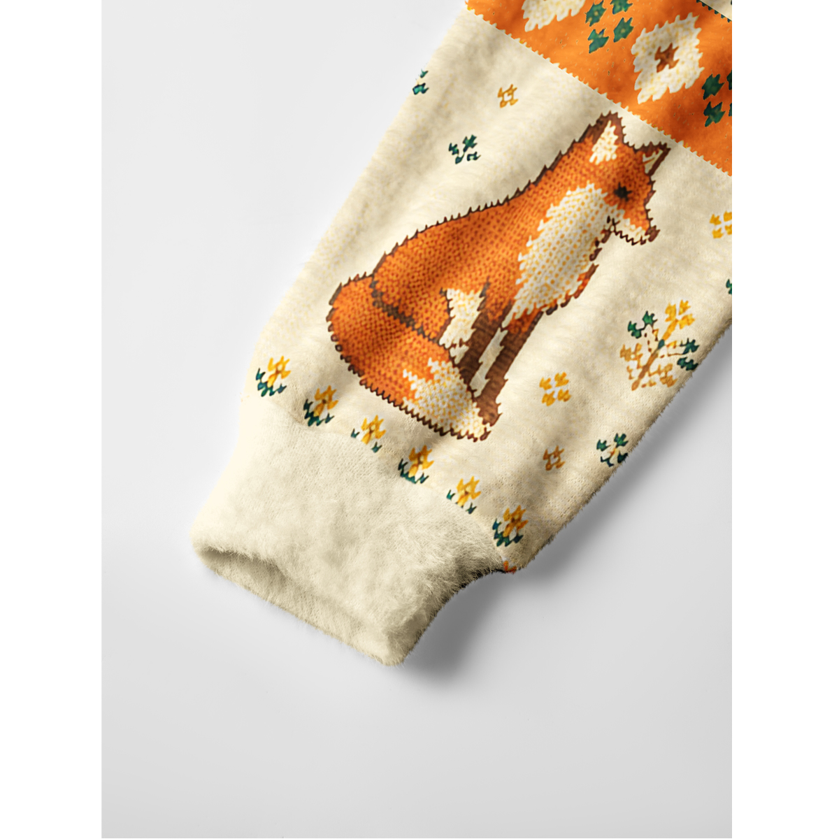 Woodland Fox Geometric Folk Fuzzy Crewneck Sweater