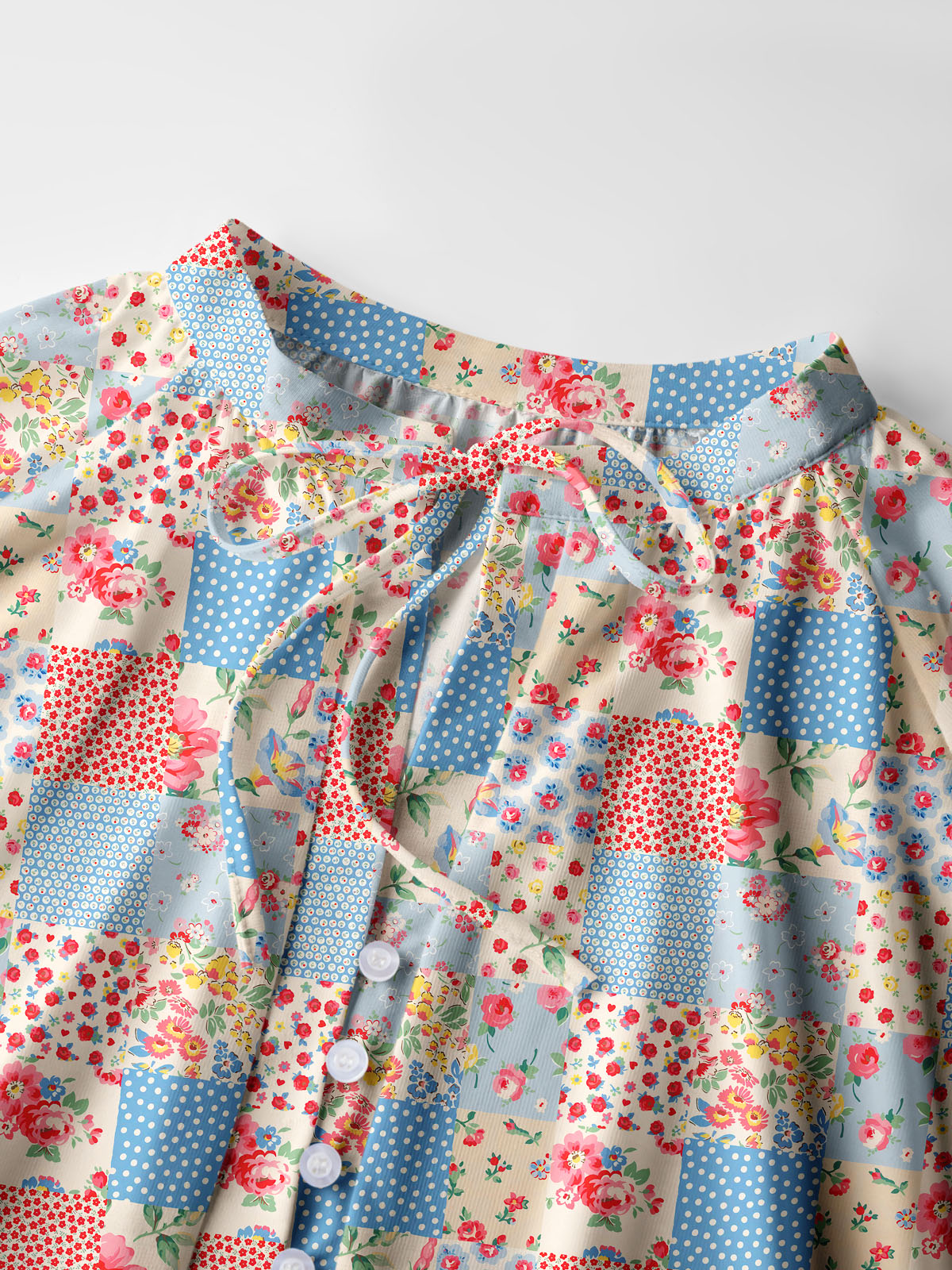 Square Neck Pastel Patc Print Boho Long Sleeve Tie‑Neck Blouse