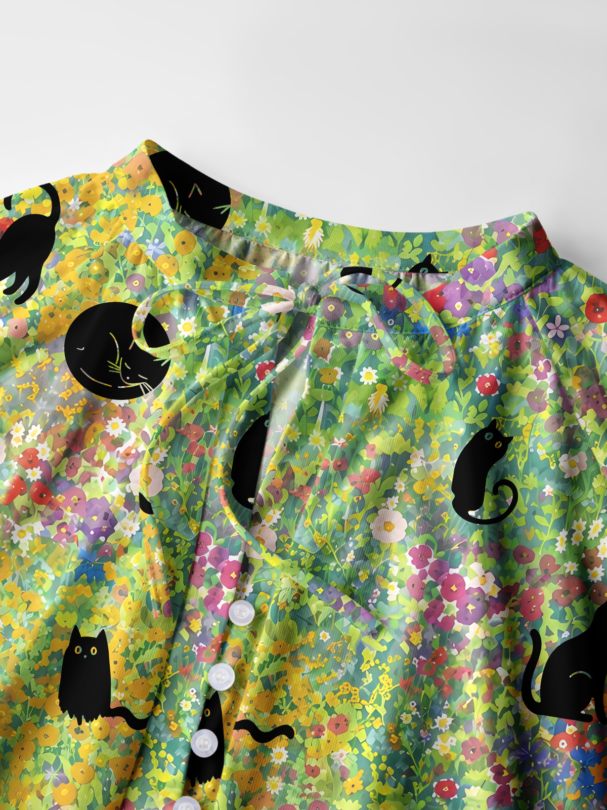 Wildflower Garden Black Cat Print Boho Long Sleeve Tie‑Neck Blouse
