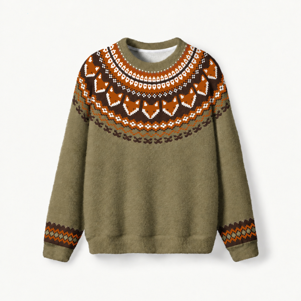 Autumn Fox Yoke Nordic-Inspired Fuzzy Crewneck Sweater