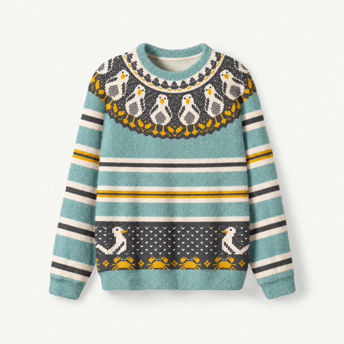 Coastal Seagull & Crab Fuzzy Crewneck Sweater