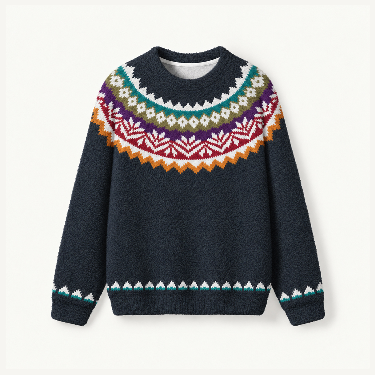Colorful Nordic-Inspired Yoke Cozy Fuzzy Crewneck Sweater