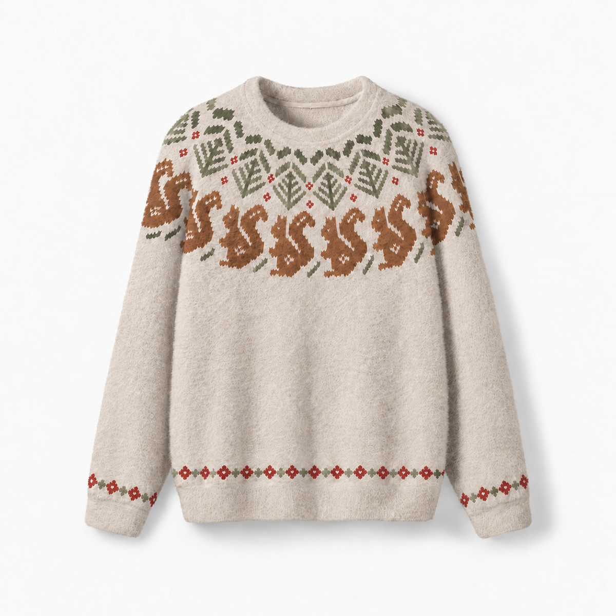 Rustic Squirrel & Forest Fuzzy Crewneck Sweater