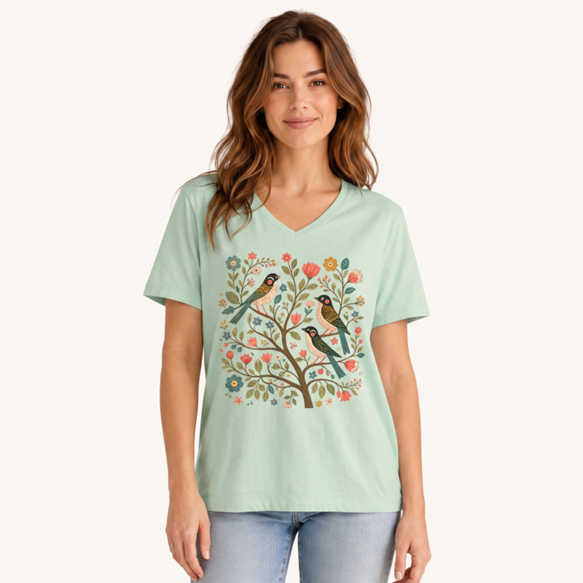 Blossom Bird Serenity Print V-neck T-Shirt