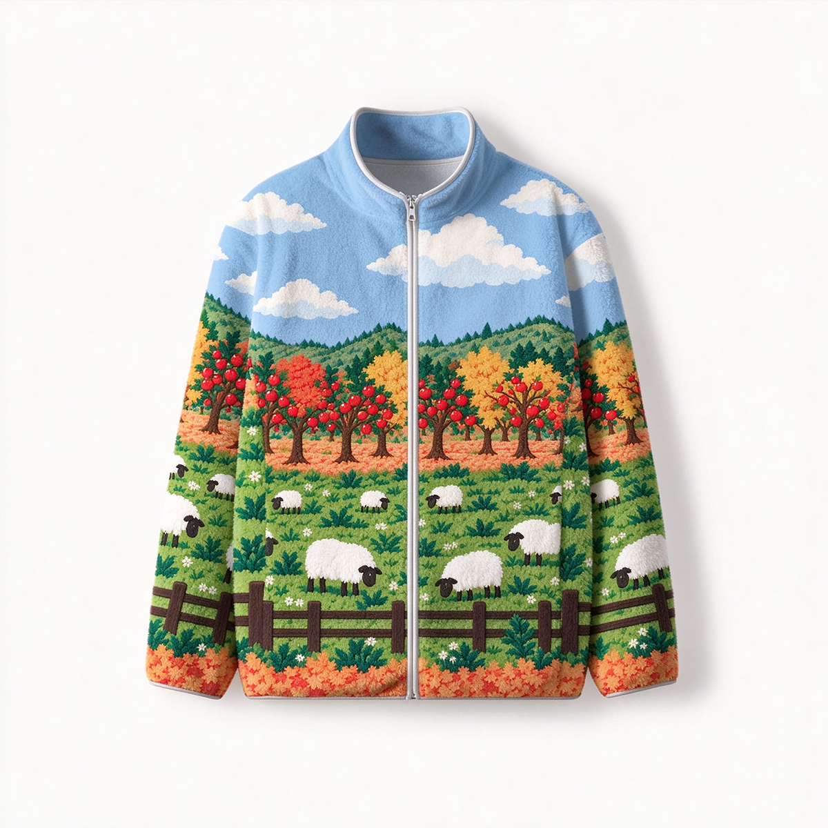 Rustic Countryside Orchard & Sheep Fleece Jacket