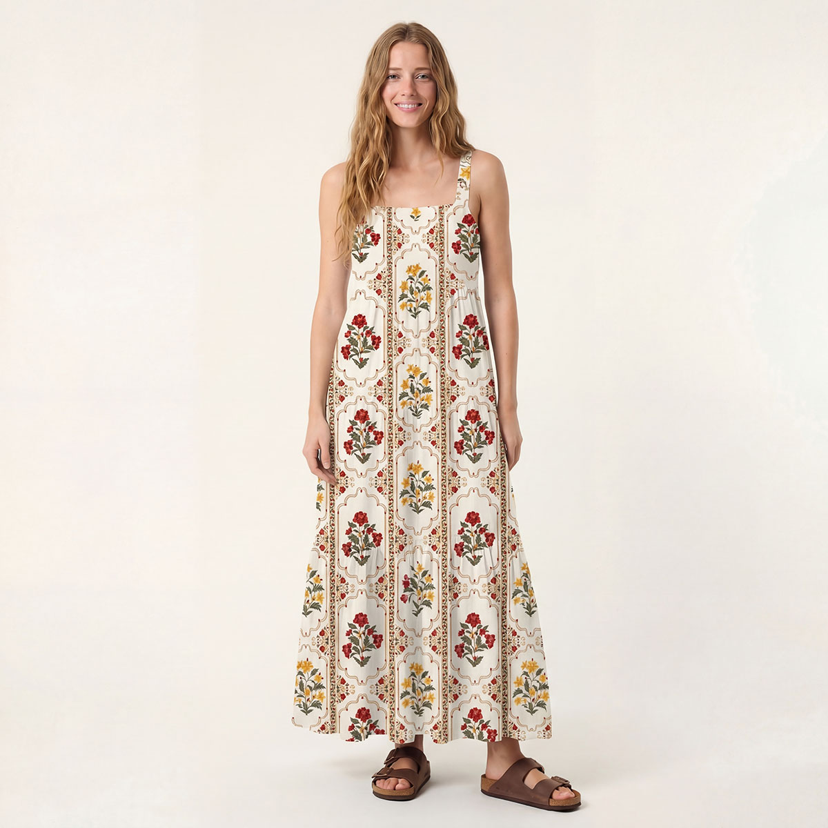 Square Neck Velvet Carnation Print Slip Dress