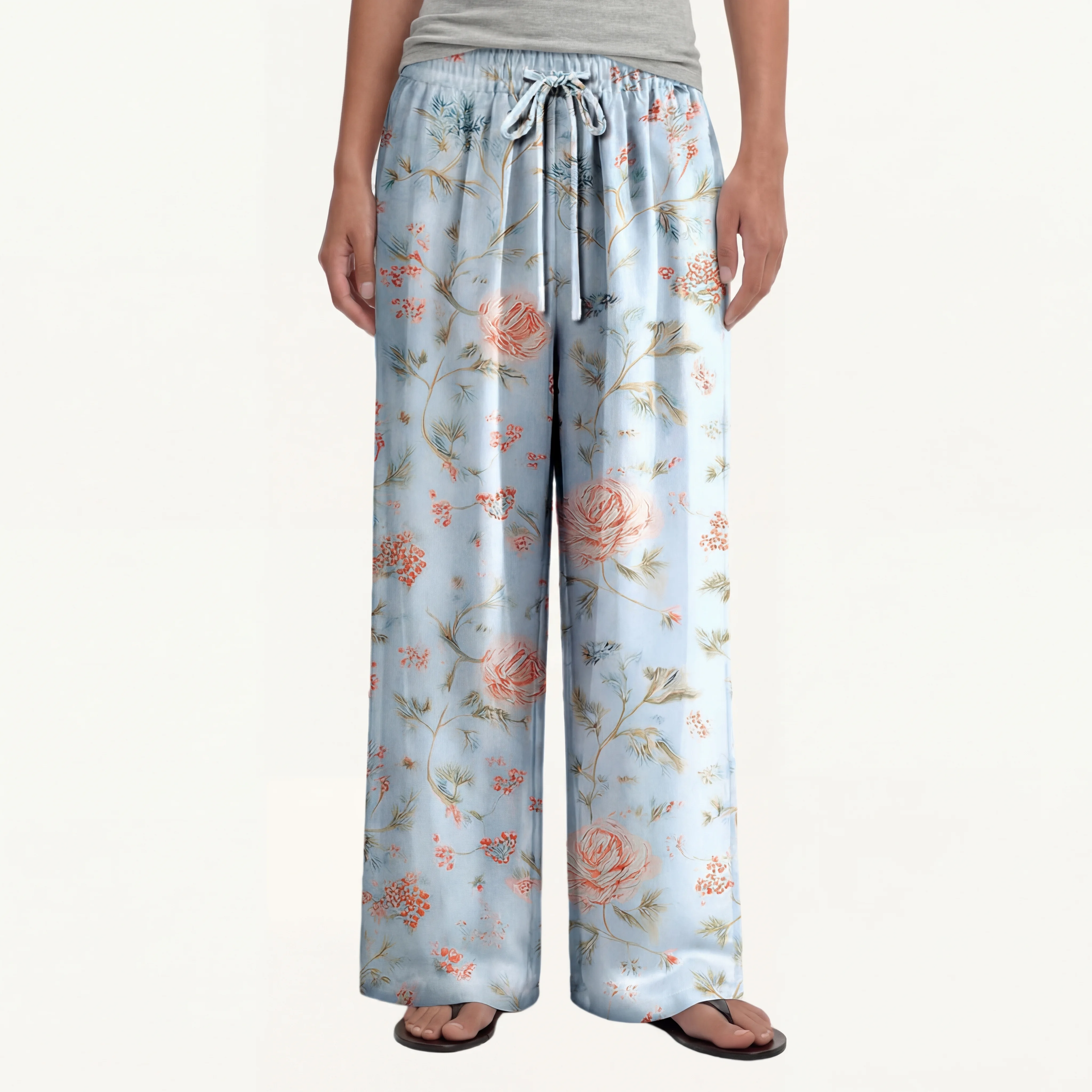 Boho Floral Wide Leg Tie Waist Pants with Pockets