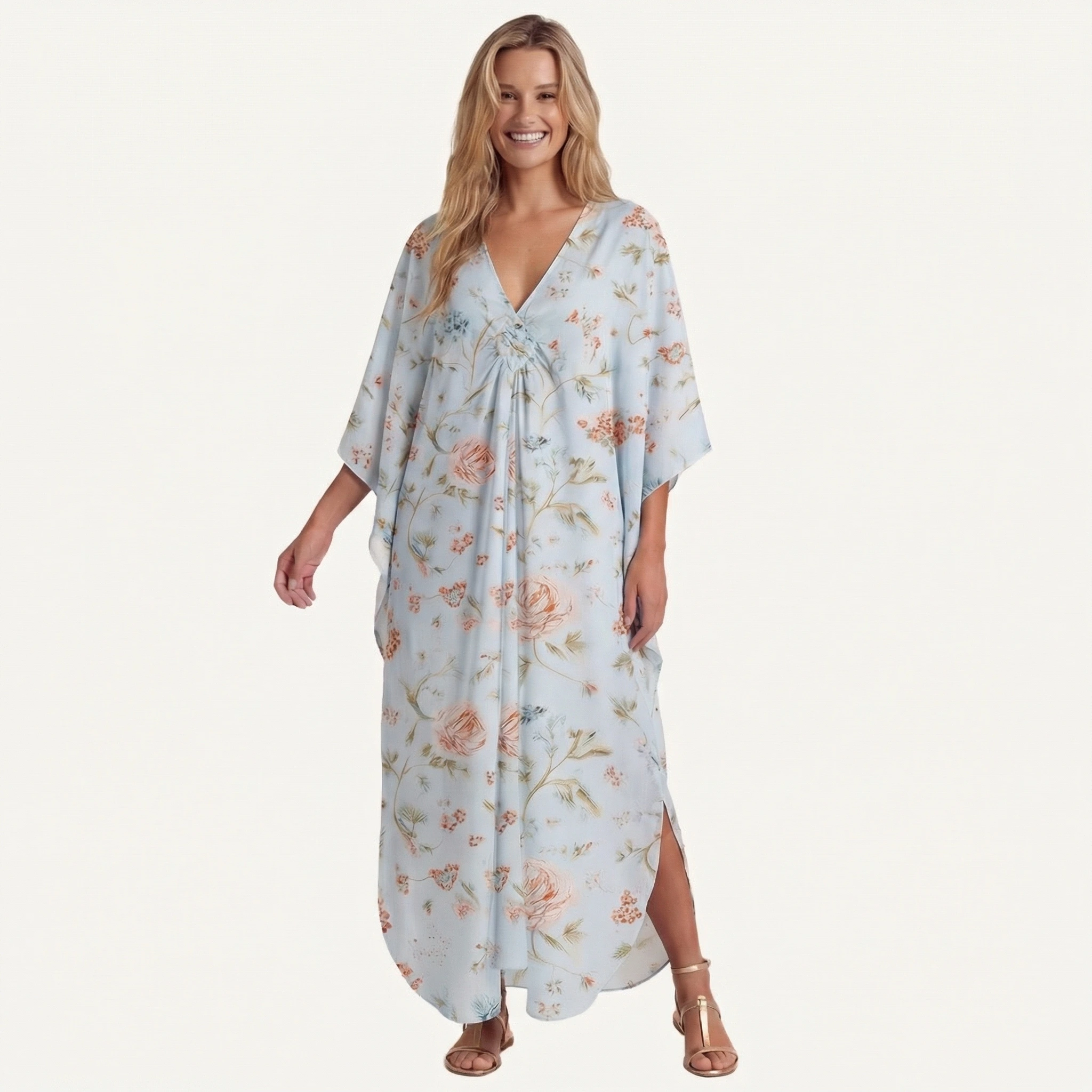  V‑Neck Rosabelle Bloom Kimono Sleeve Kaftan Dress