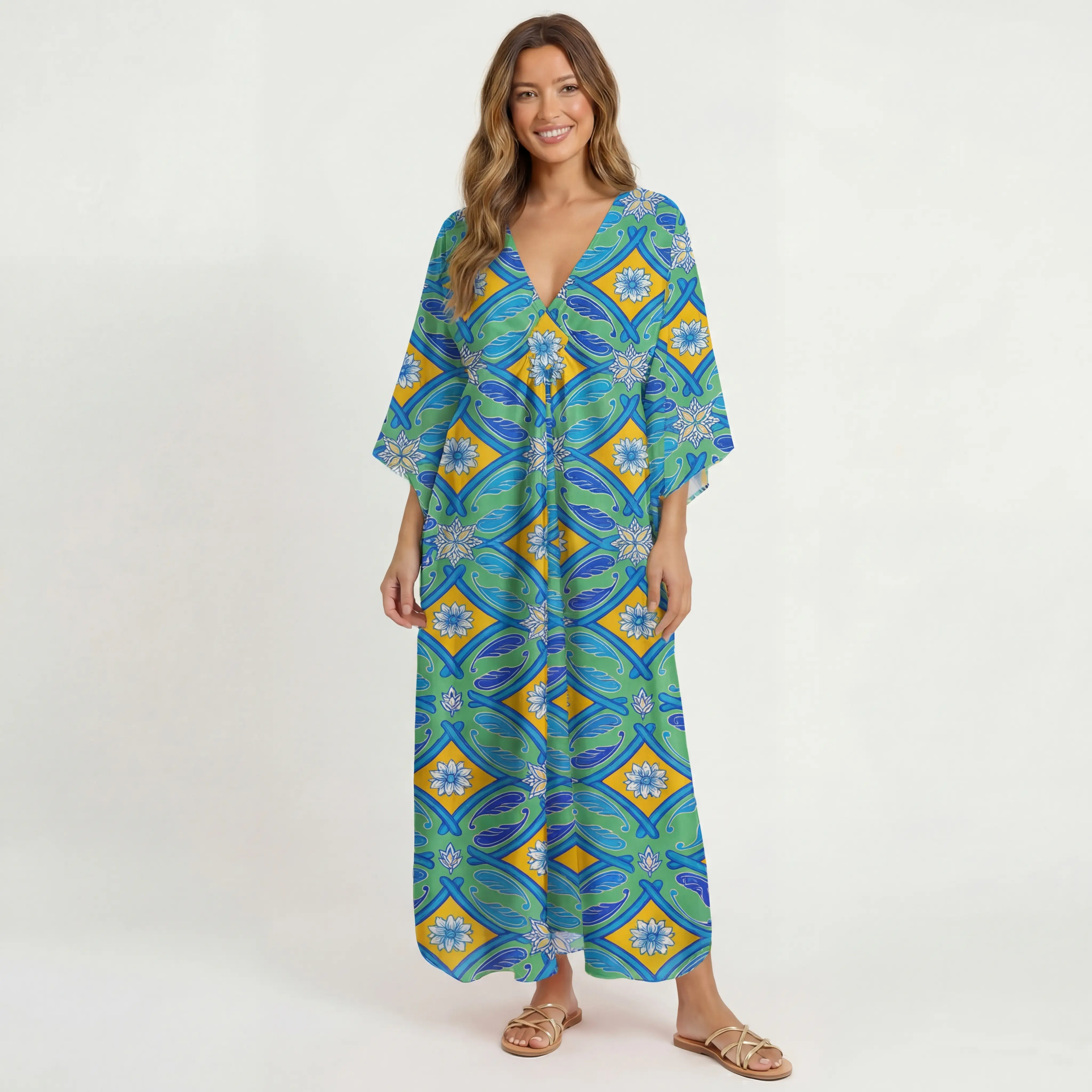  V‑Neck Azure Tile Kimono Sleeve Kaftan Dress