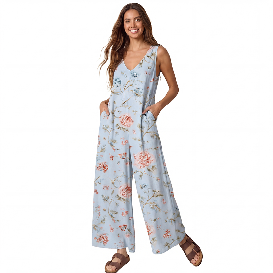 V-Neck Rosabelle Bloom Boho Jumpsuit with Pockets for Women