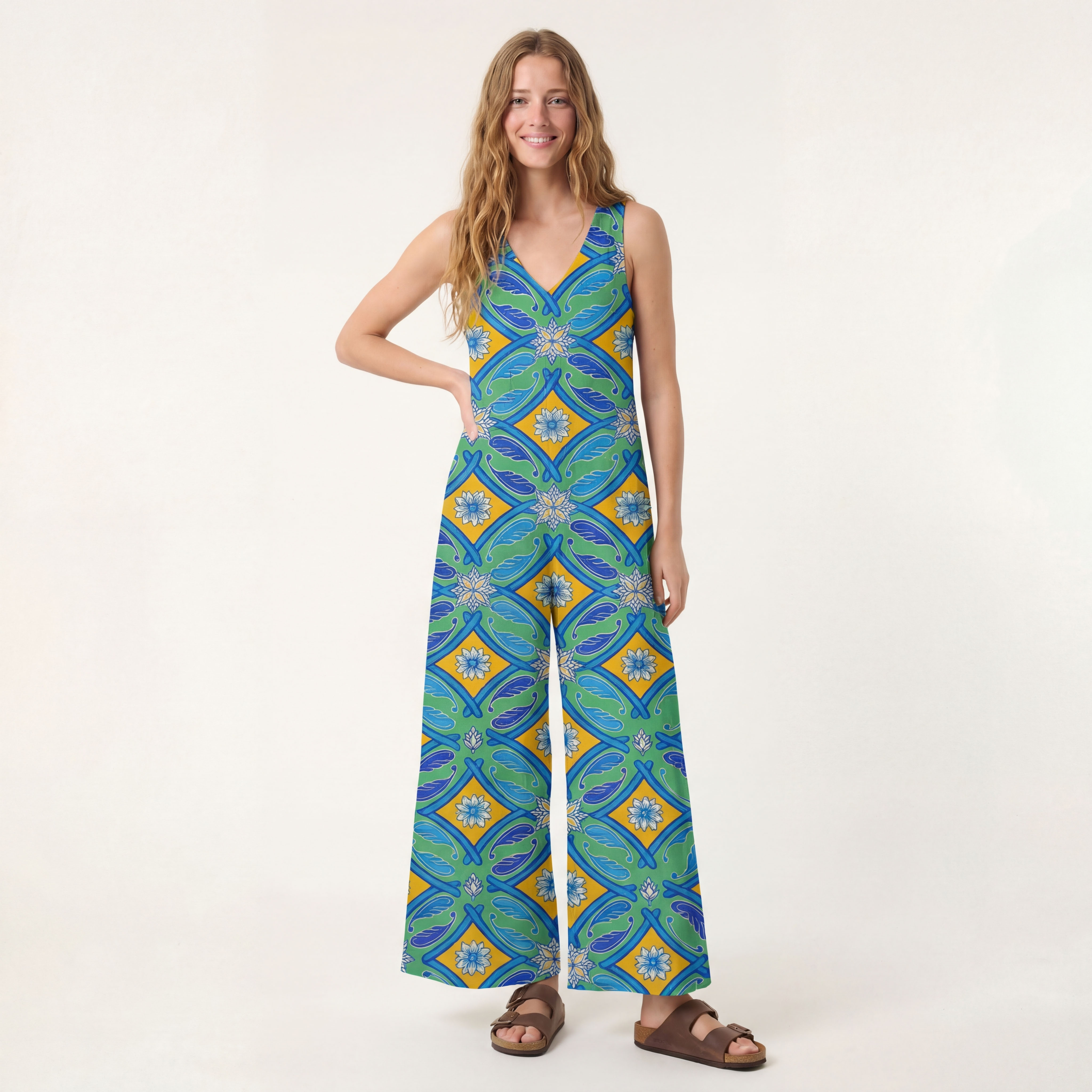V-Neck Azure Tile Boho Jumpsuit with Pockets for Women
