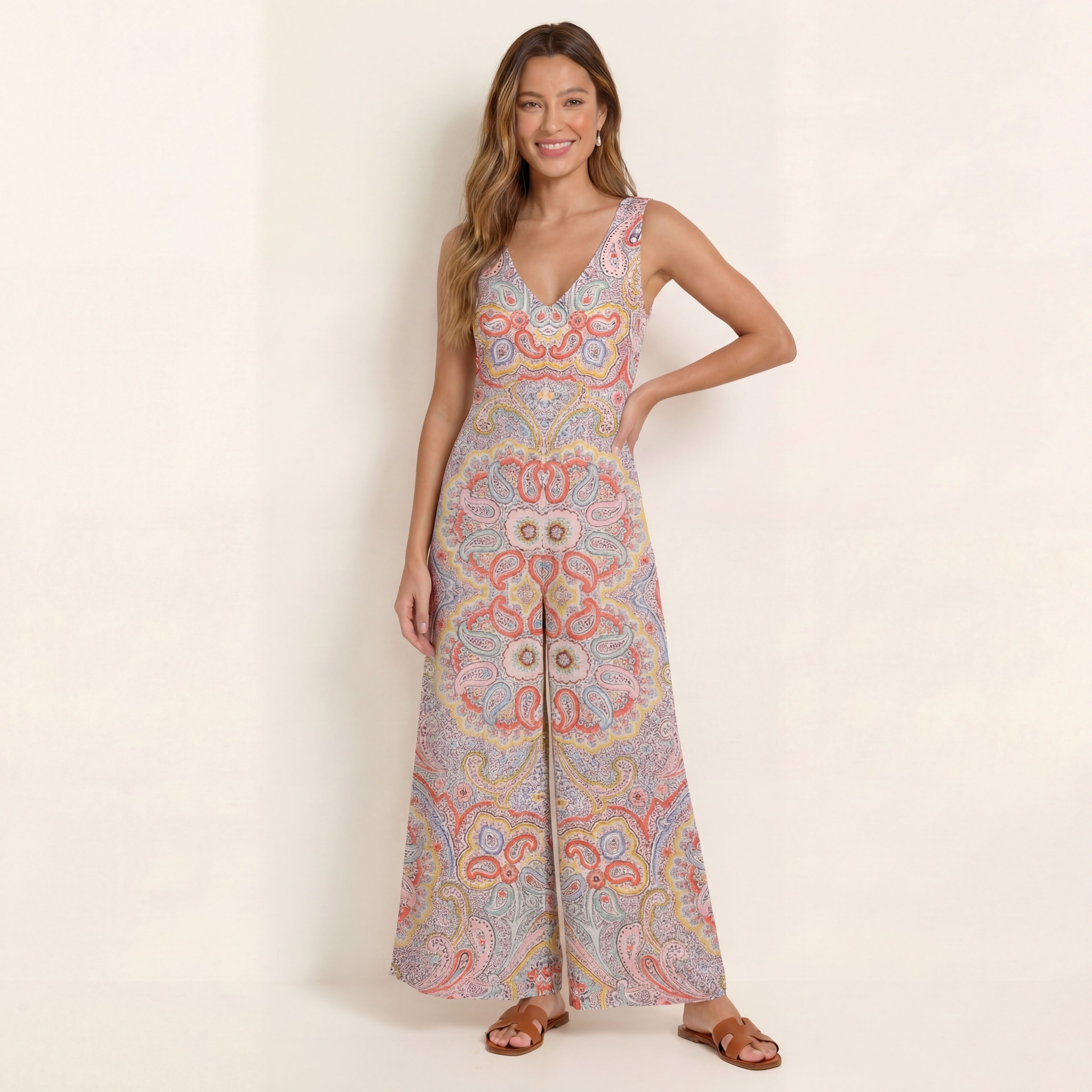 V-Neck Sunrise Paisley Boho Jumpsuit with Pockets for Women