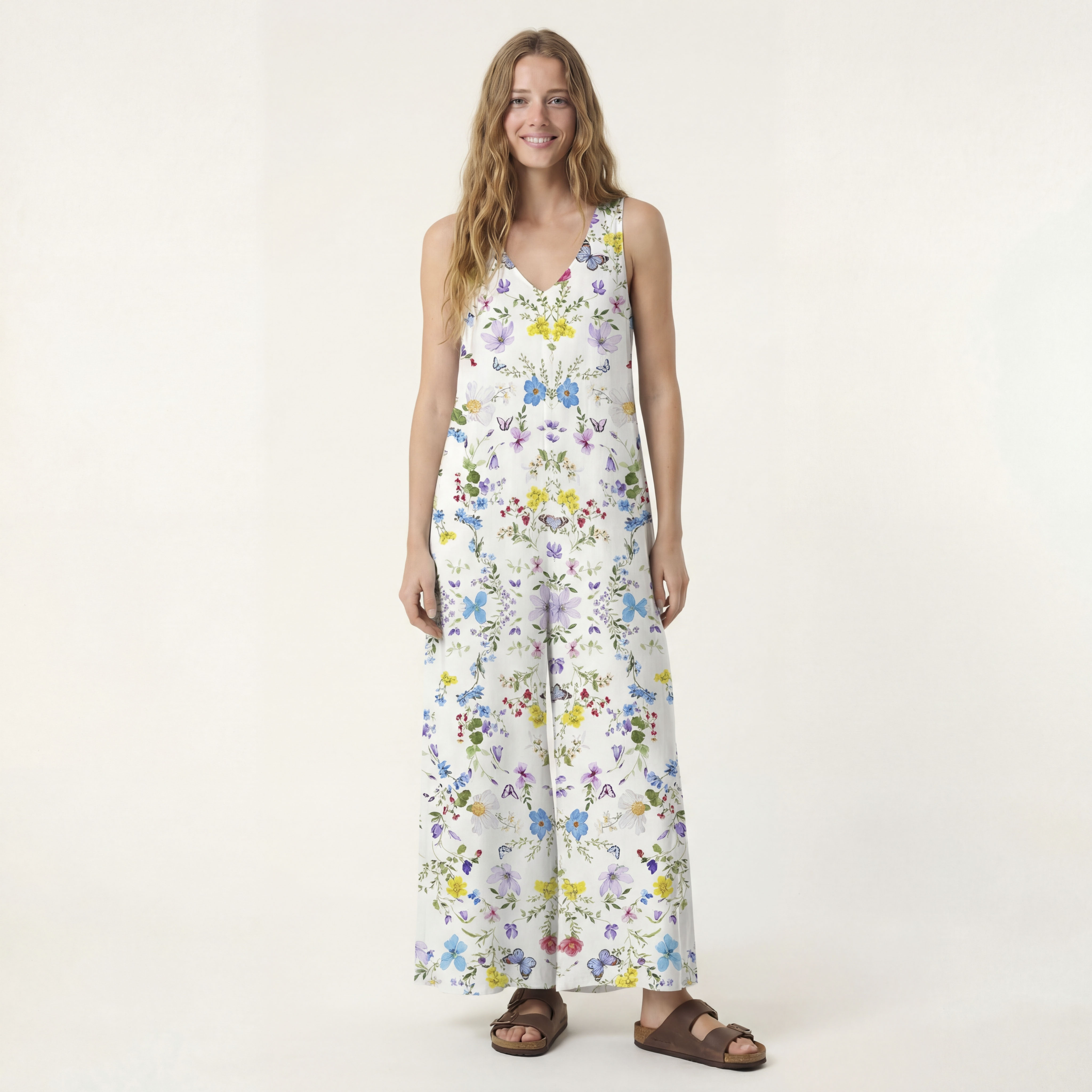 V-Neck Butterfly Trail Boho Jumpsuit with Pockets for Women