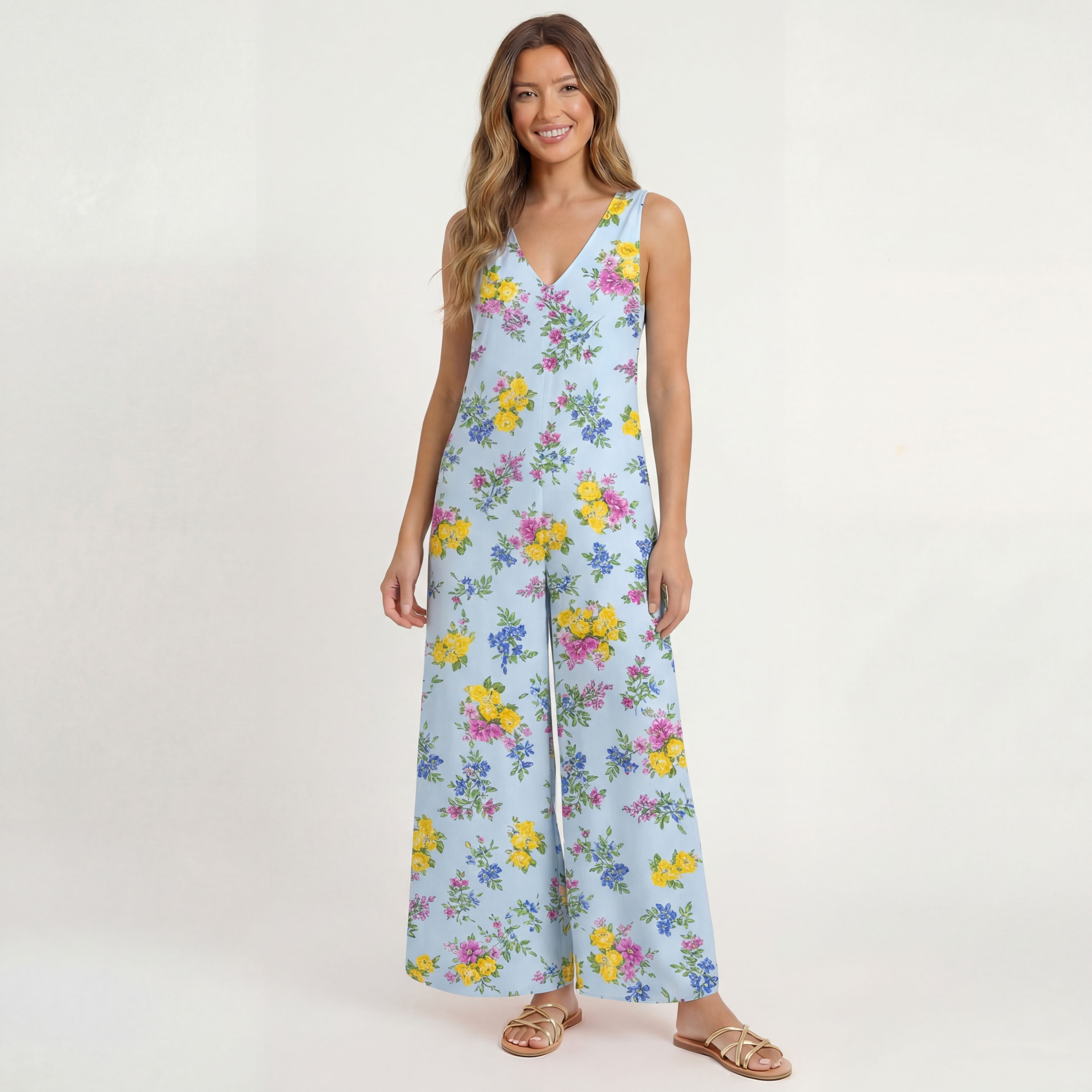 V-Neck Blue Meadow Boho Jumpsuit with Pockets for Women
