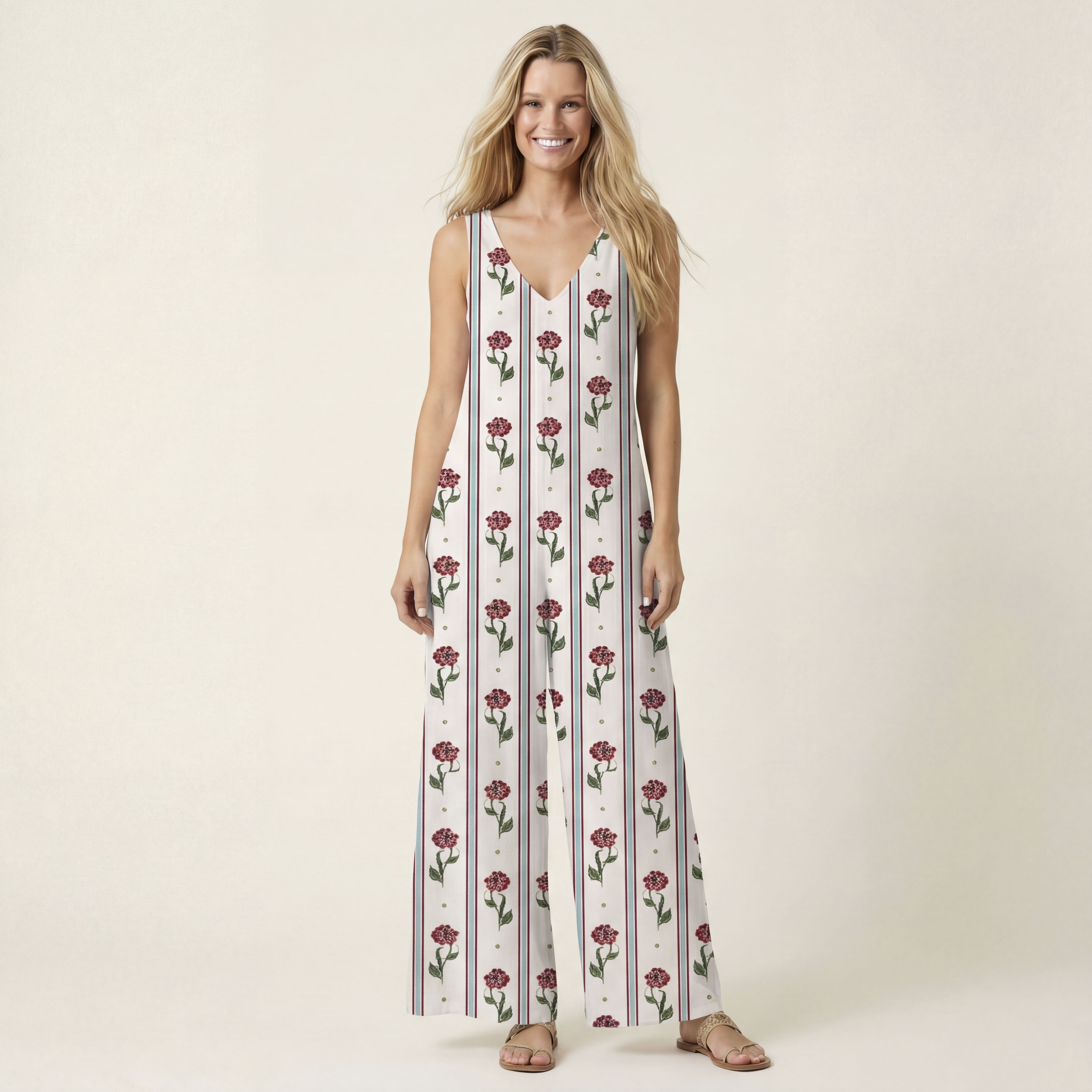 V-Neck Crimson Dianthus Boho Jumpsuit with Pockets for Women