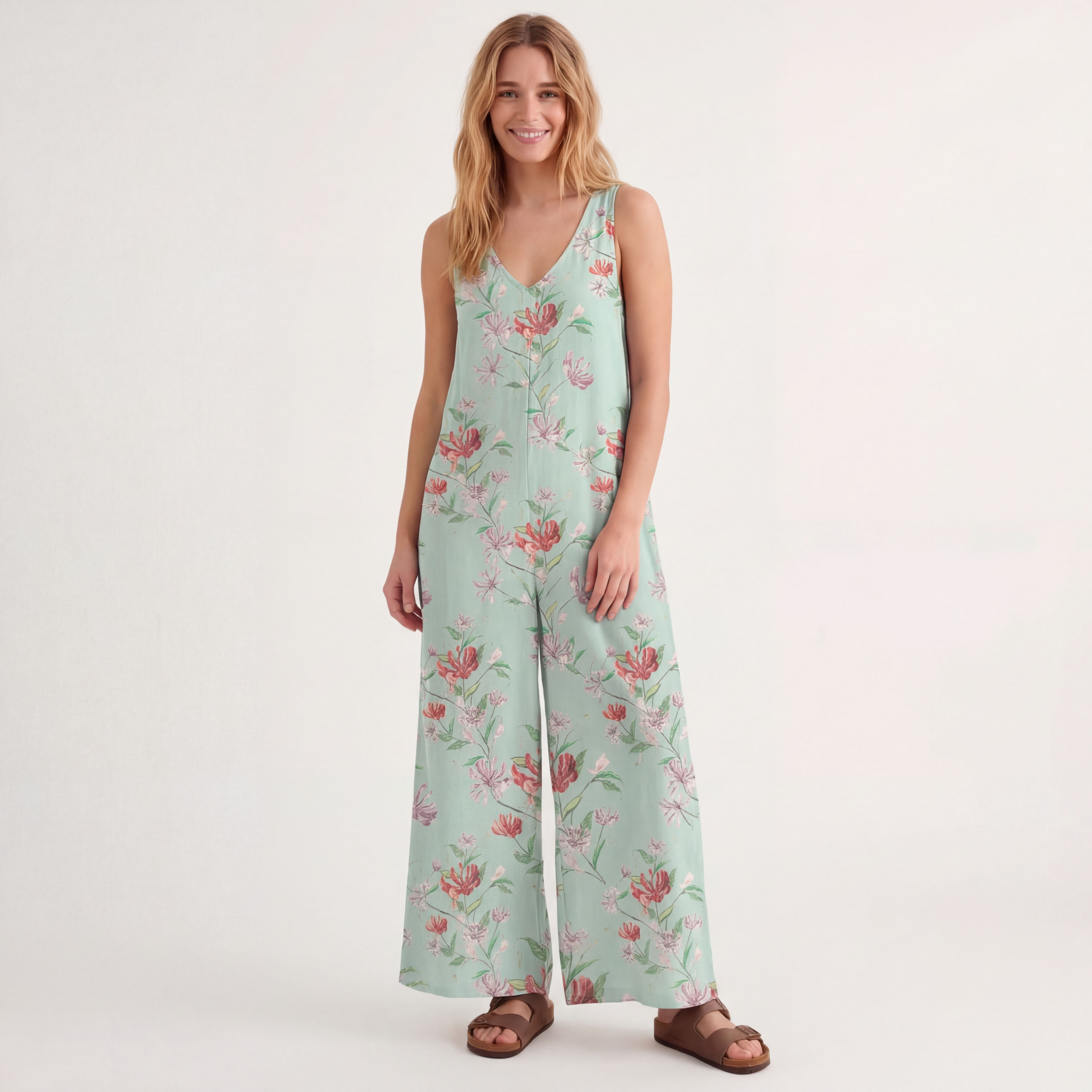 V-Neck Mint Honeysuckle Boho Jumpsuit with Pockets for Women