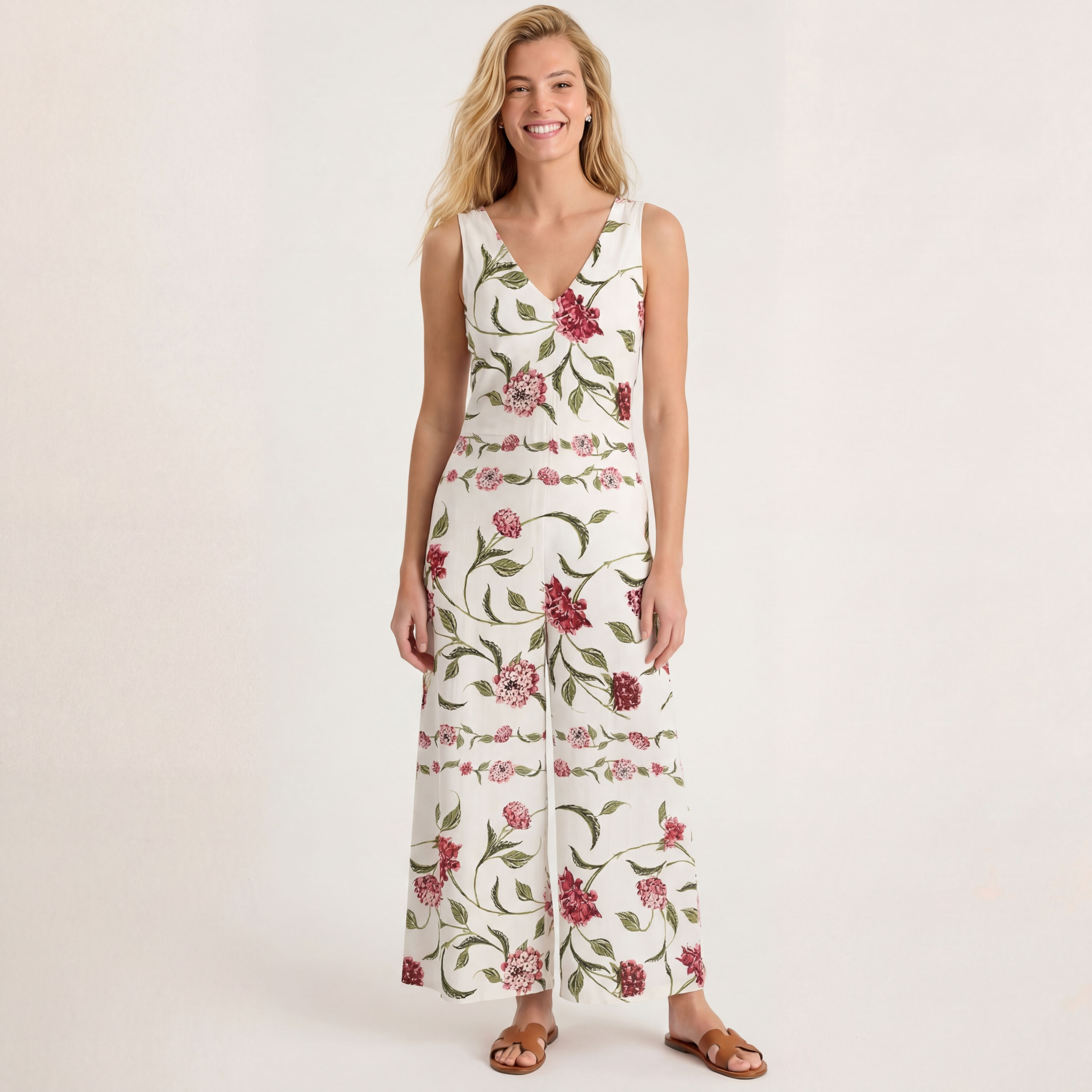 V-Neck Red Floral Print Boho Jumpsuit with Pockets for Women