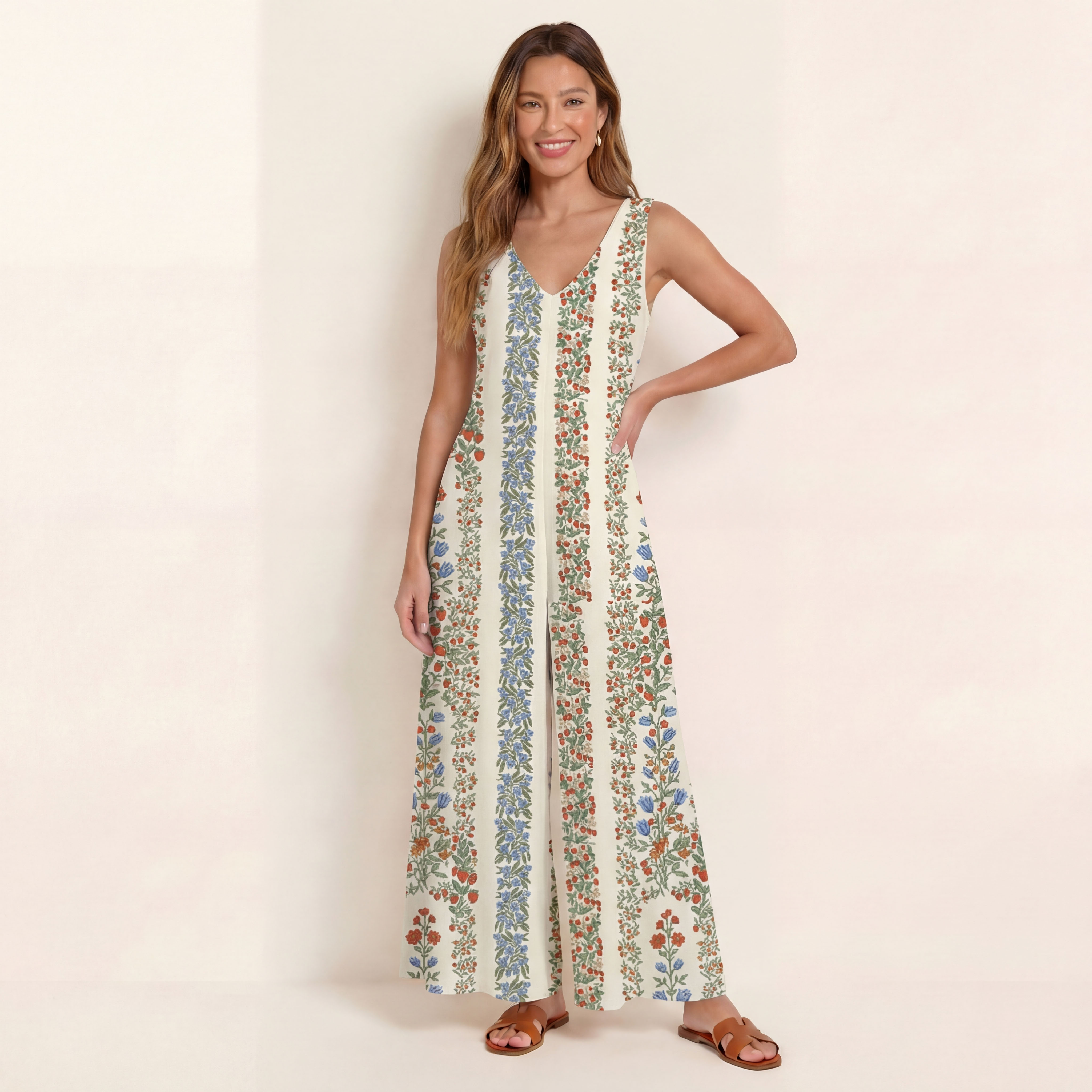 V-Neck Strawberry Vine Tales Boho Jumpsuit with Pockets for Women