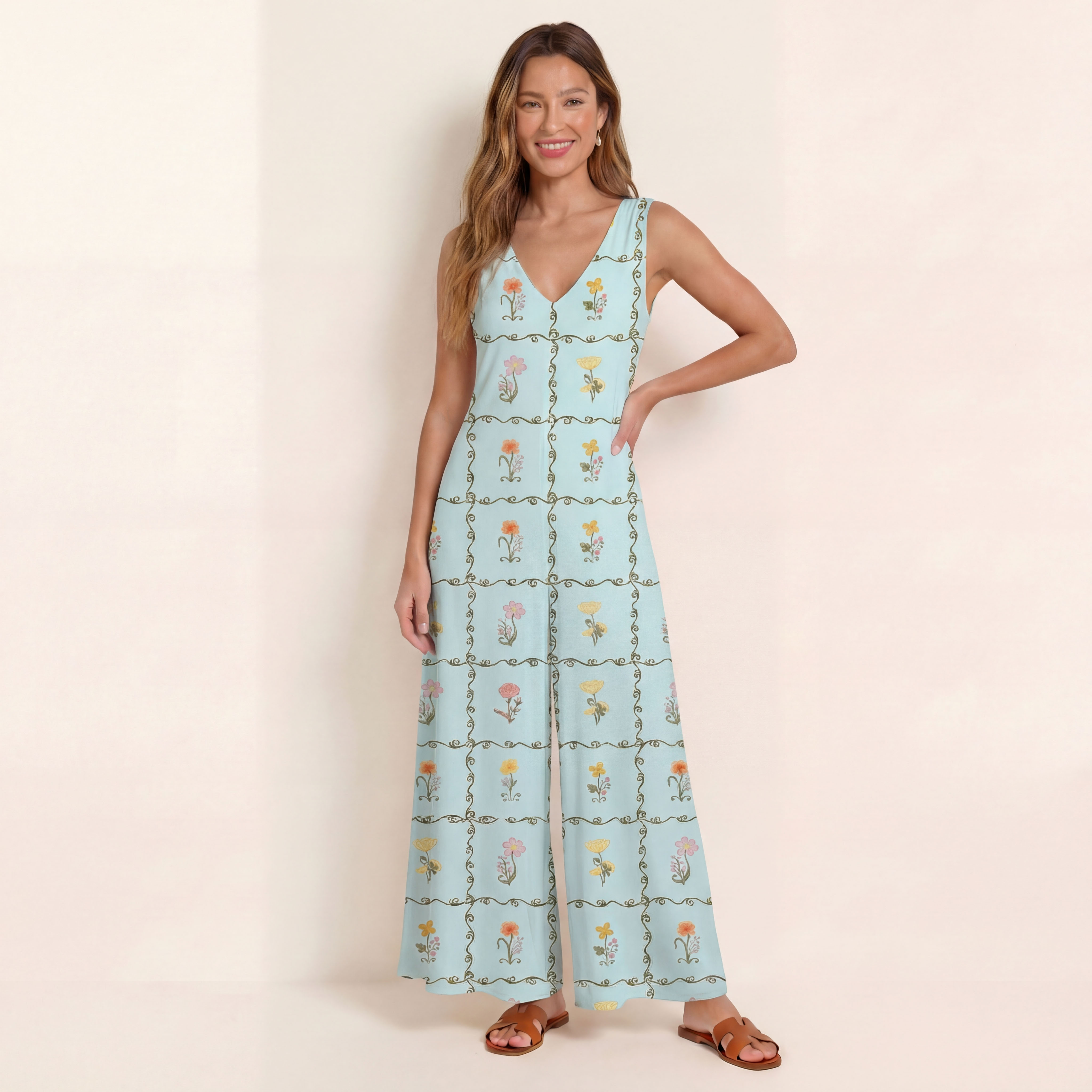 V-Neck Sunny Garden Tiles Boho Jumpsuit with Pockets for Women