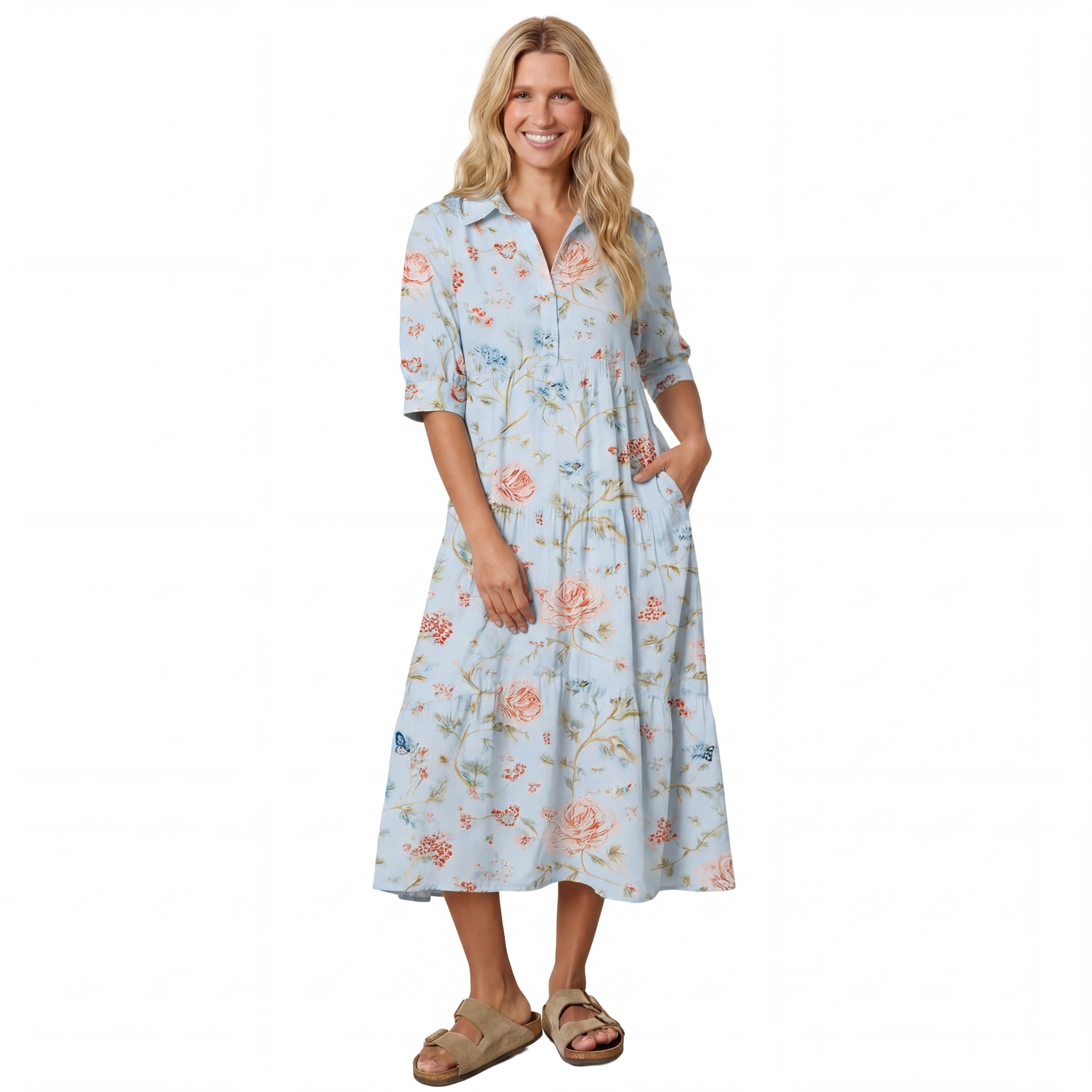  V Neck Collared Rosabelle Bloom Casual Long Shirt Dress 