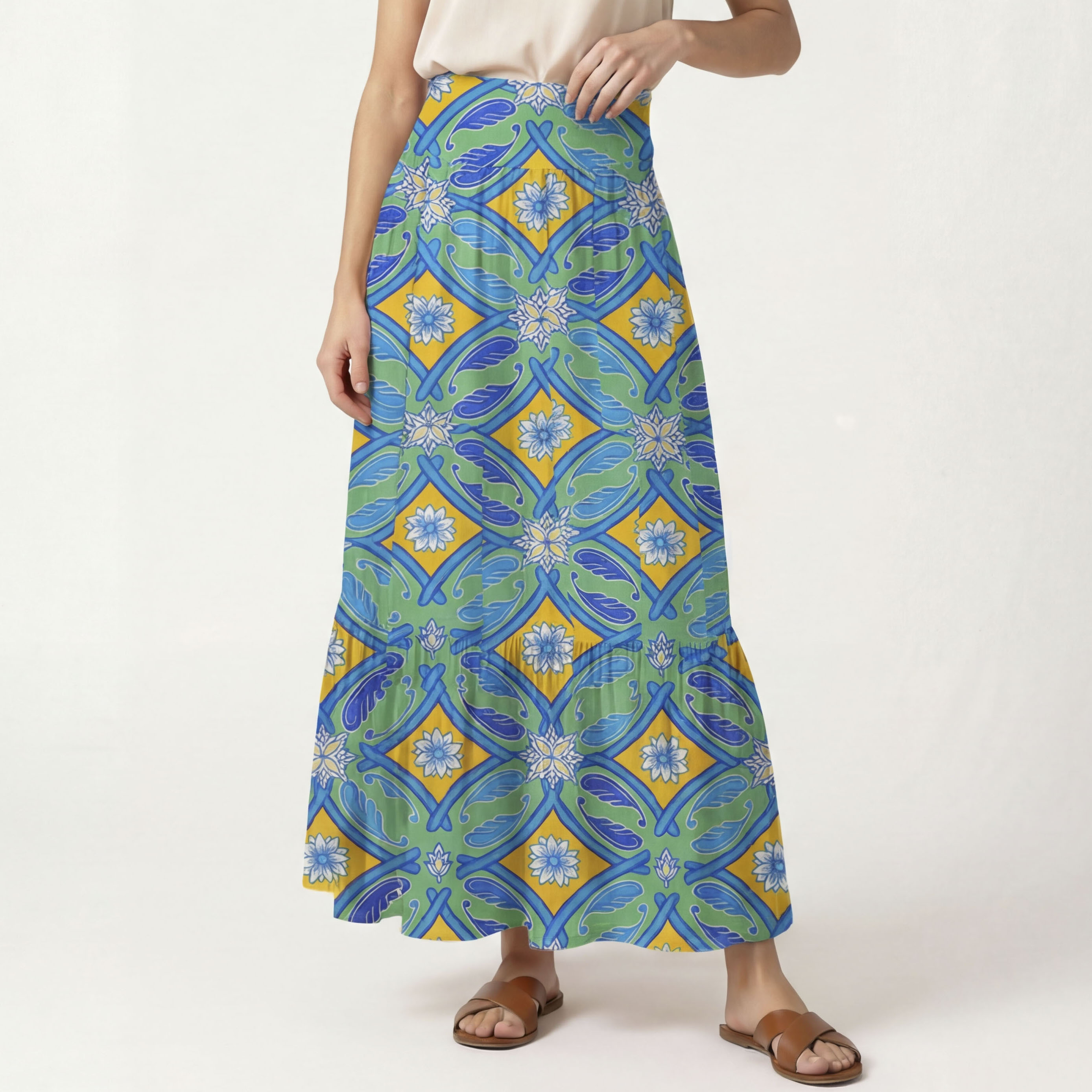 Azure Tile Print Maxi Skirt