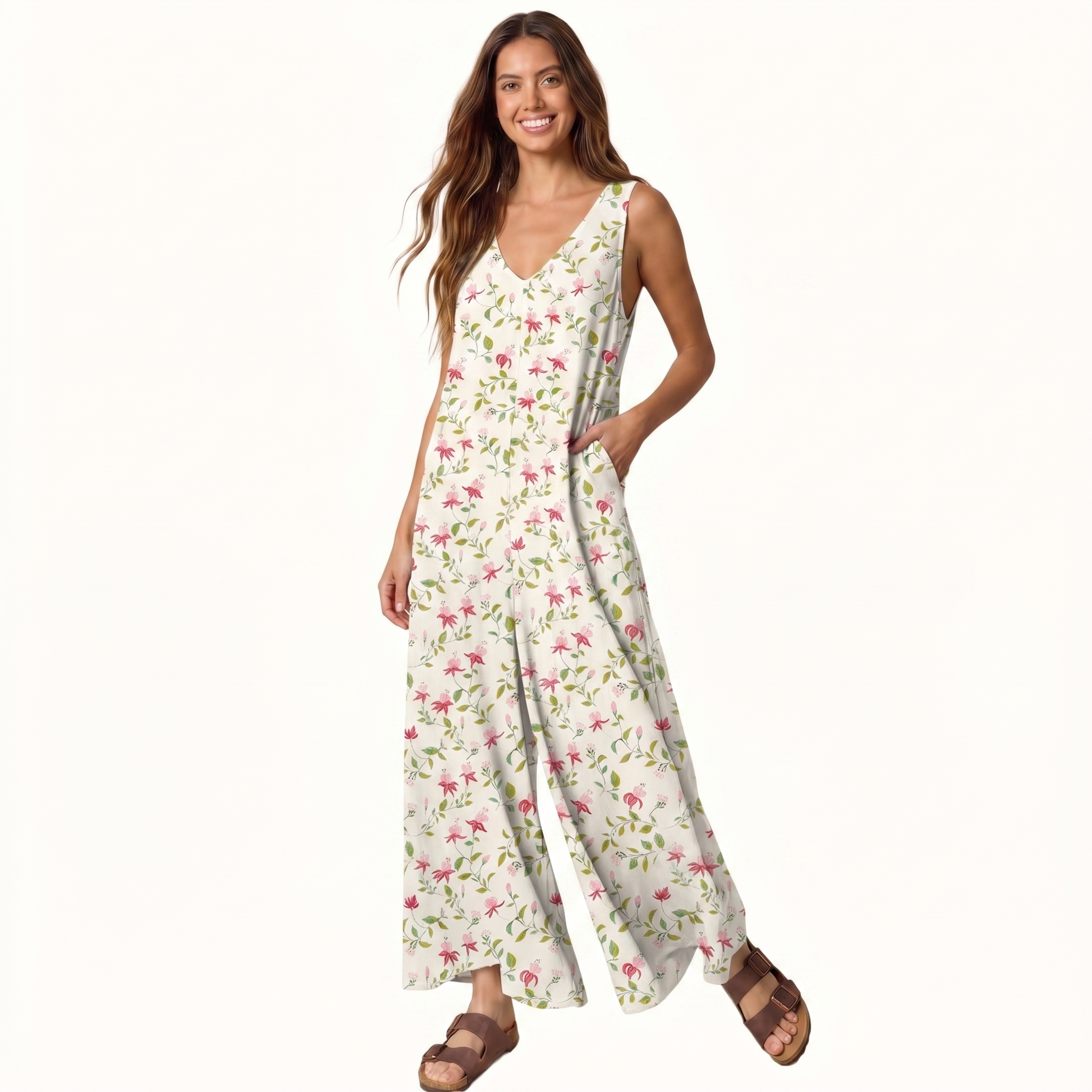 V-Neck Ruby Vine Boho Jumpsuit with Pockets for Women