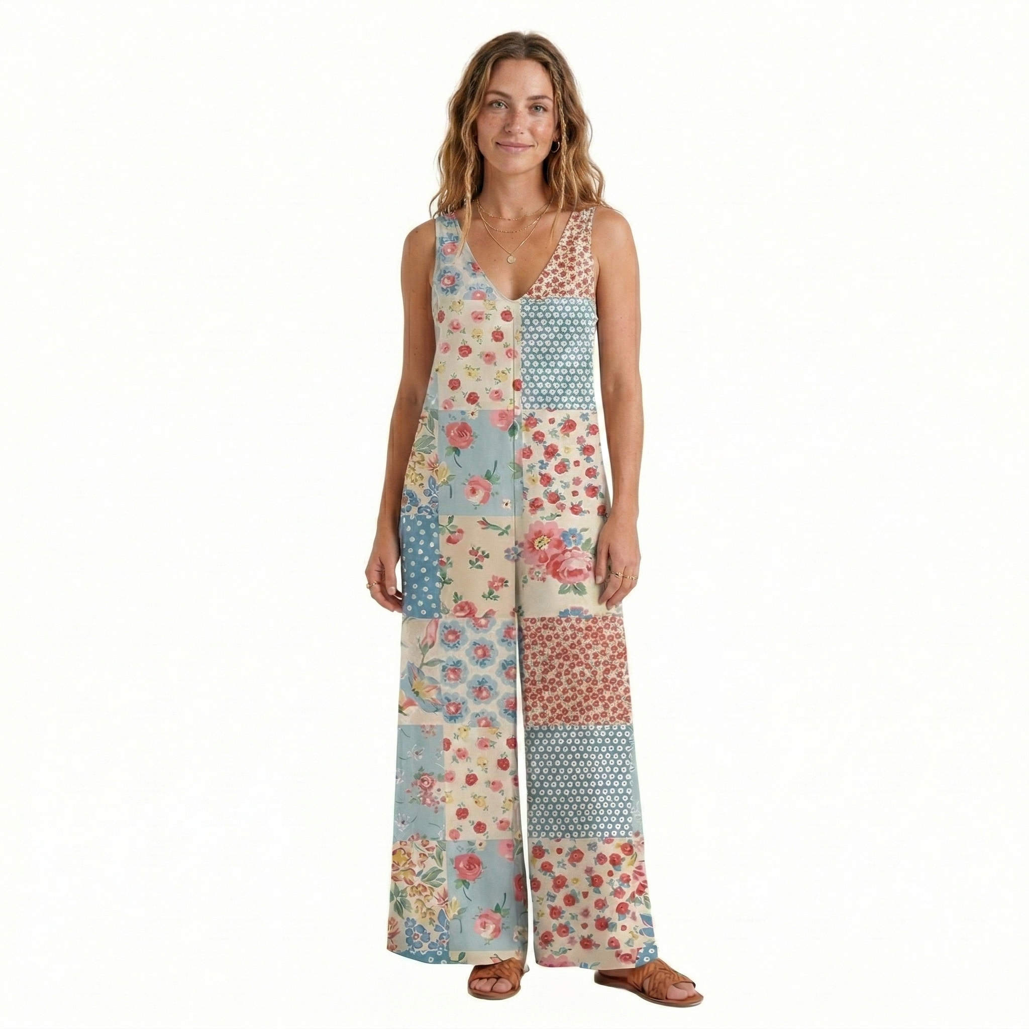 V-Neck Pastel Patc Boho Jumpsuit with Pockets for Women