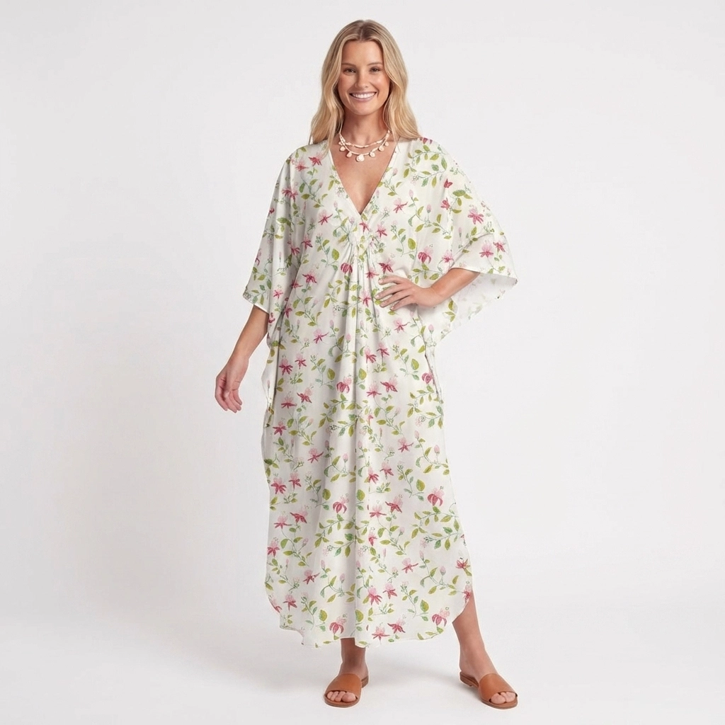  V‑Neck Pastel Patc Kimono Sleeve Kaftan Dress