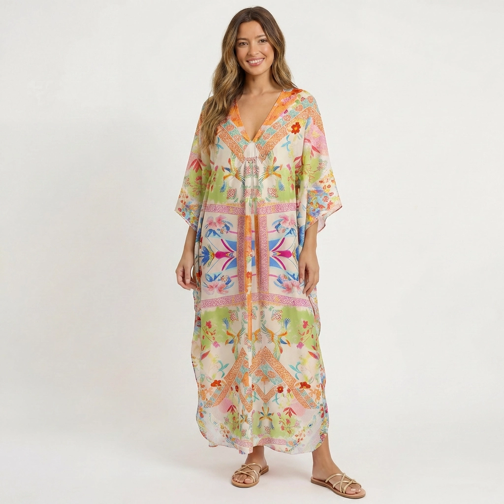  V‑Neck Vivid Lily Sleeve Kaftan Dress