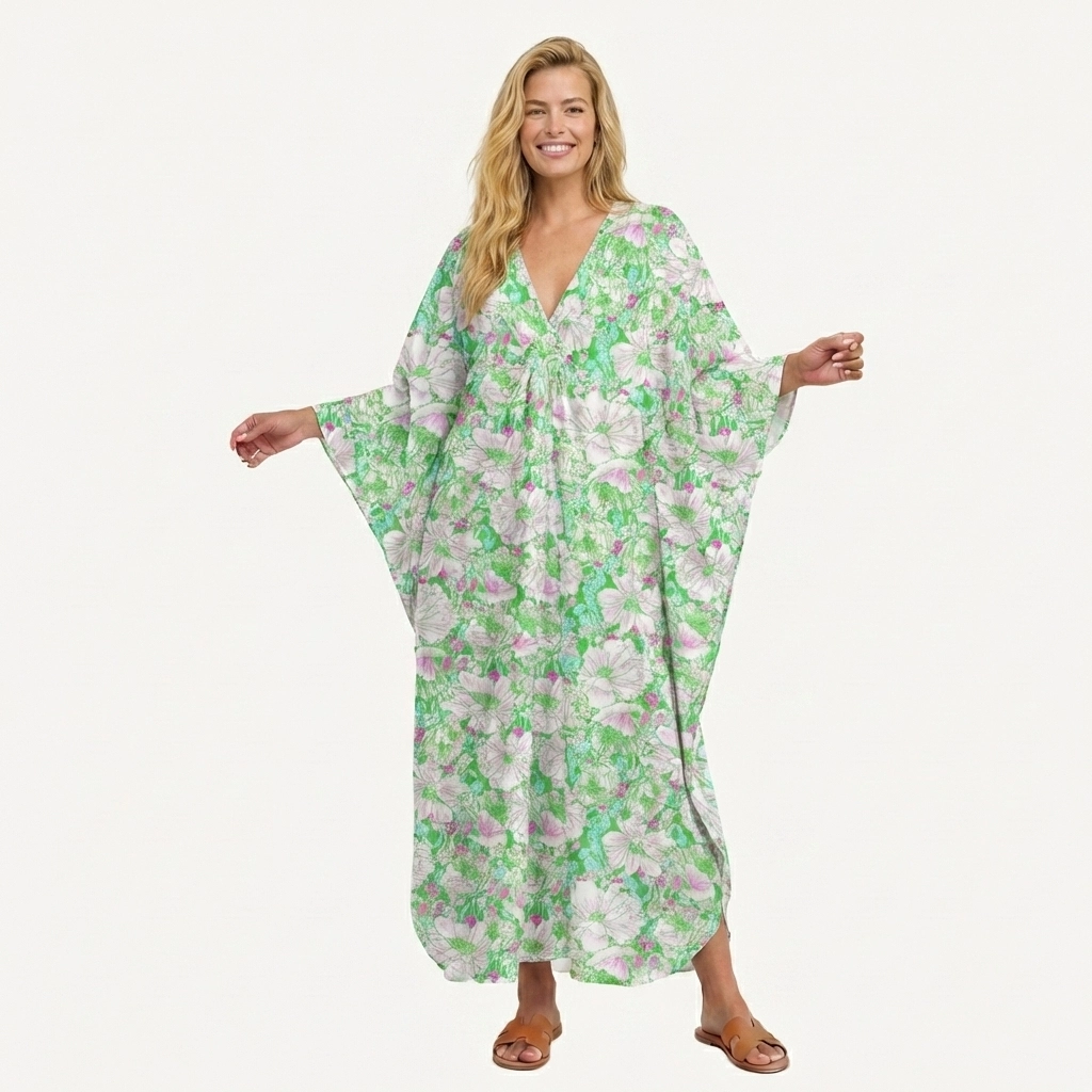  V‑Neck Mint Garden Kimono Sleeve Kaftan Dress