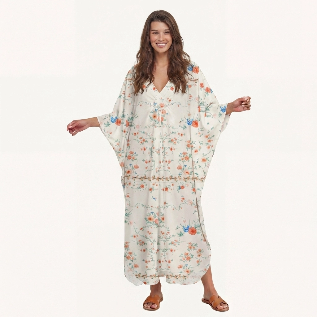  V‑Neck Wild Bloom Kimono Sleeve Kaftan Dress